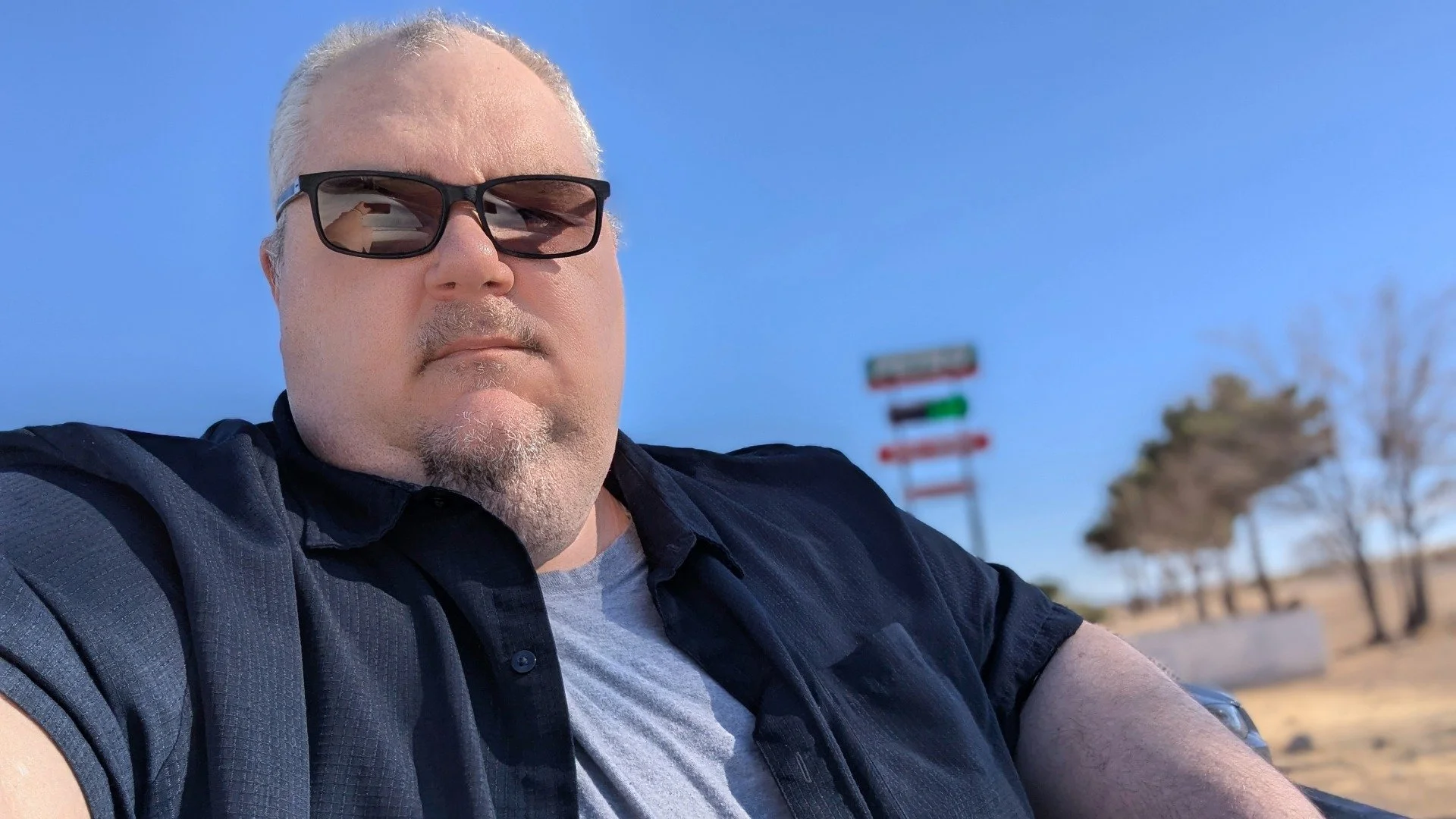 A man with gray hair and a goatee taking a selfie outdoors on a sunny day, wearing black sunglasses, a black short-sleeved shirt over a light gray T-shirt, with a blurry background of trees, a roadside sign, and a clear blue sky.