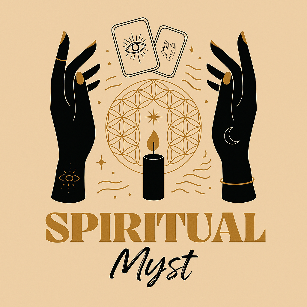Illustration of two black hands with jewelry around the wrists, one with an eye tattoo and the other with a crescent moon tattoo, surrounding a candle, tarot cards with an eye and crystal,, and spiritual symbols. The words "Spiritual Must" are at the bottom.