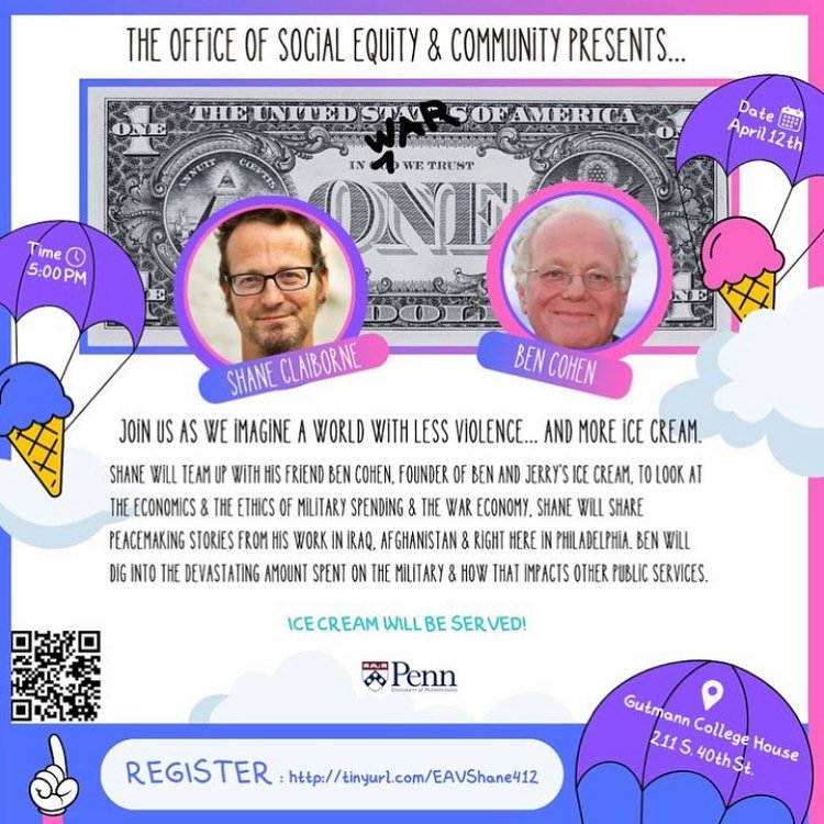 What a &ldquo;treat&rdquo; to spend the evening at @uofpenn filming this presentation from Ben Cohen (founder of @benandjerrys ) and @shane.claiborne (author and activist) about the American War Economy. It was truly eye opening &amp; mind blowing bu