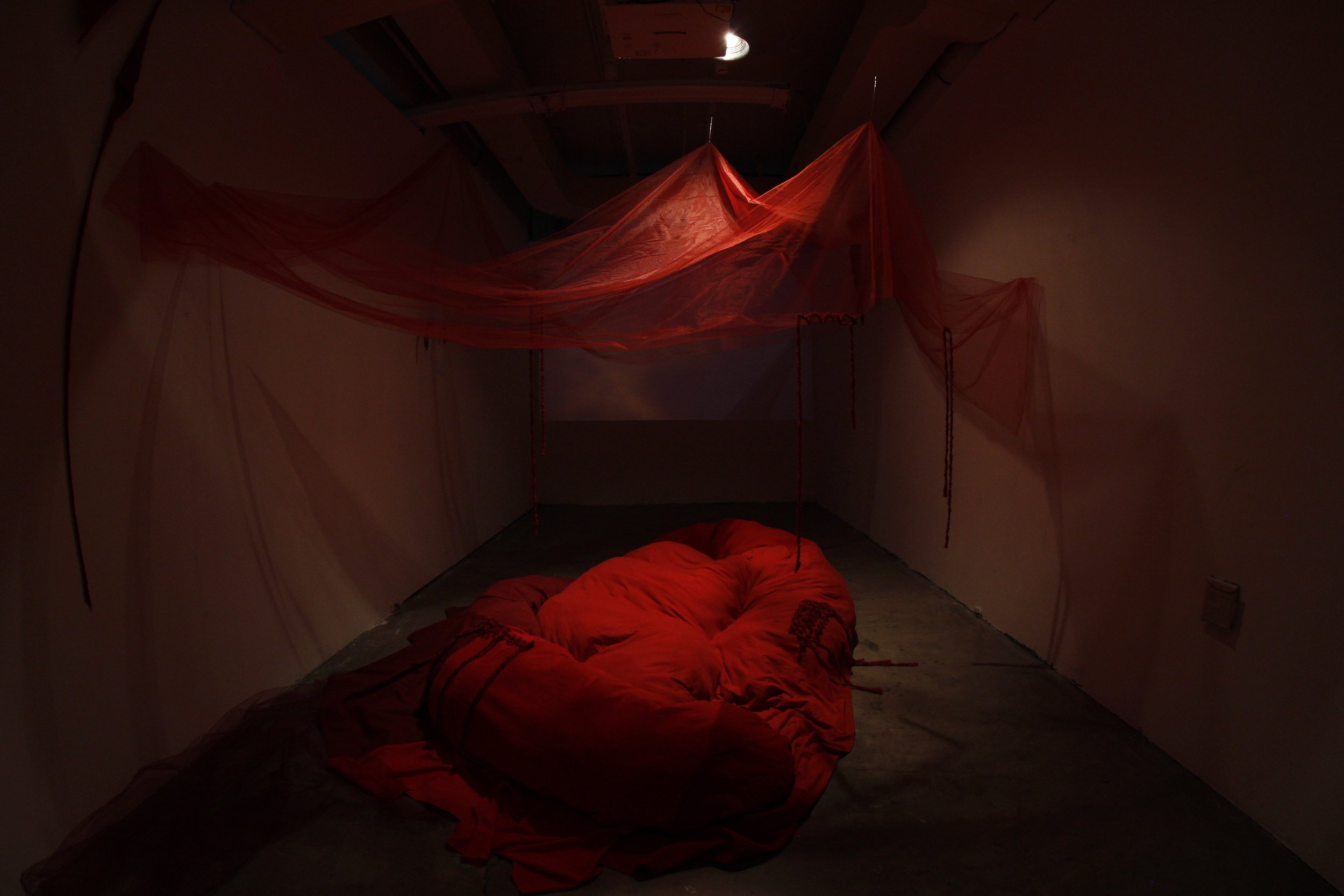 WOOM, 2024. Projected sound video, hand-dyed fabric, tulle, cotton & polyester fiber fill, yarn, inkjet transparency film