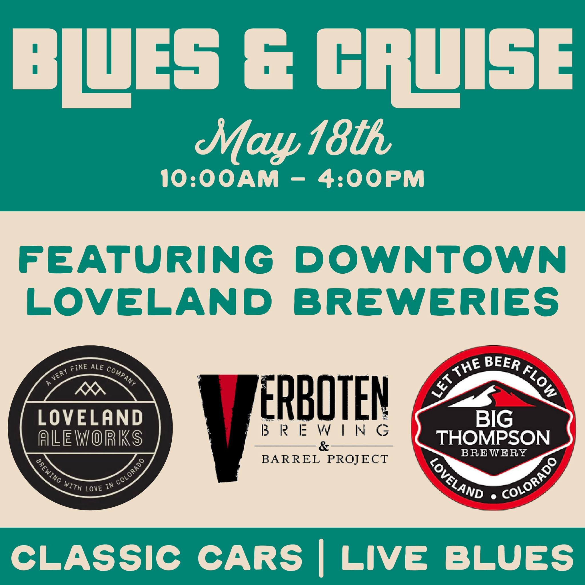 A few of Loveland's finest breweries will be pouring at our Blue &amp; Cruise event on Saturday, May 18th! Be sure to swing by Downtown Loveland for live blues music and a classic car show. Open to the public and FREE to attend!
@lovelandaleworks 
@v
