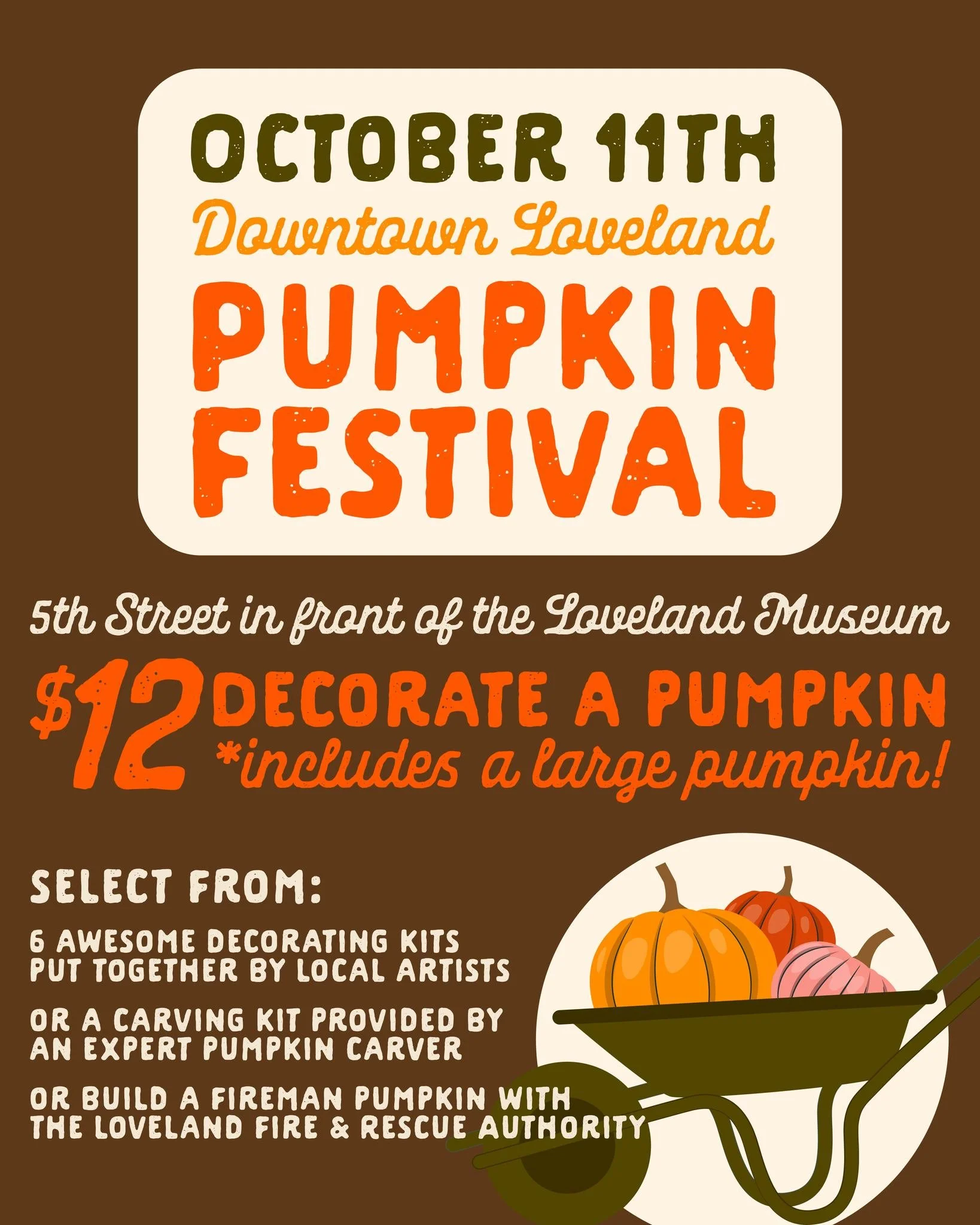 Have you purchased your Pumpkin Decorating Ticket yet?!? 
For just $12 you get a large pumpkin, a swag bag full of goodies and all the supplies needed to create a pumpkin master piece. This year we have 6 local artists providing art kits, and profess