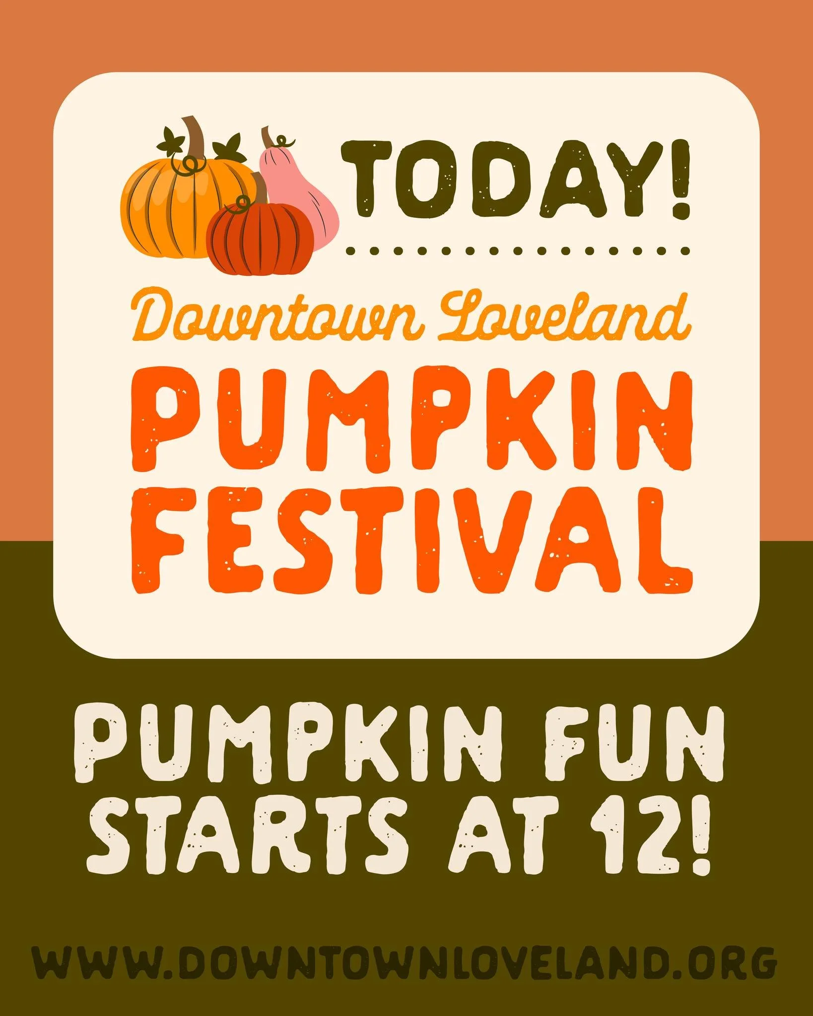 Today's the Day!! Join us in Downtown Loveland at 12:00pm for a day celebrating all things pumpkin! 

This free, family-friendly festival is packed with fall fun:
- Artist-led pumpkin decorating and carving
- A family costume contest at 1:00PM
- Pump