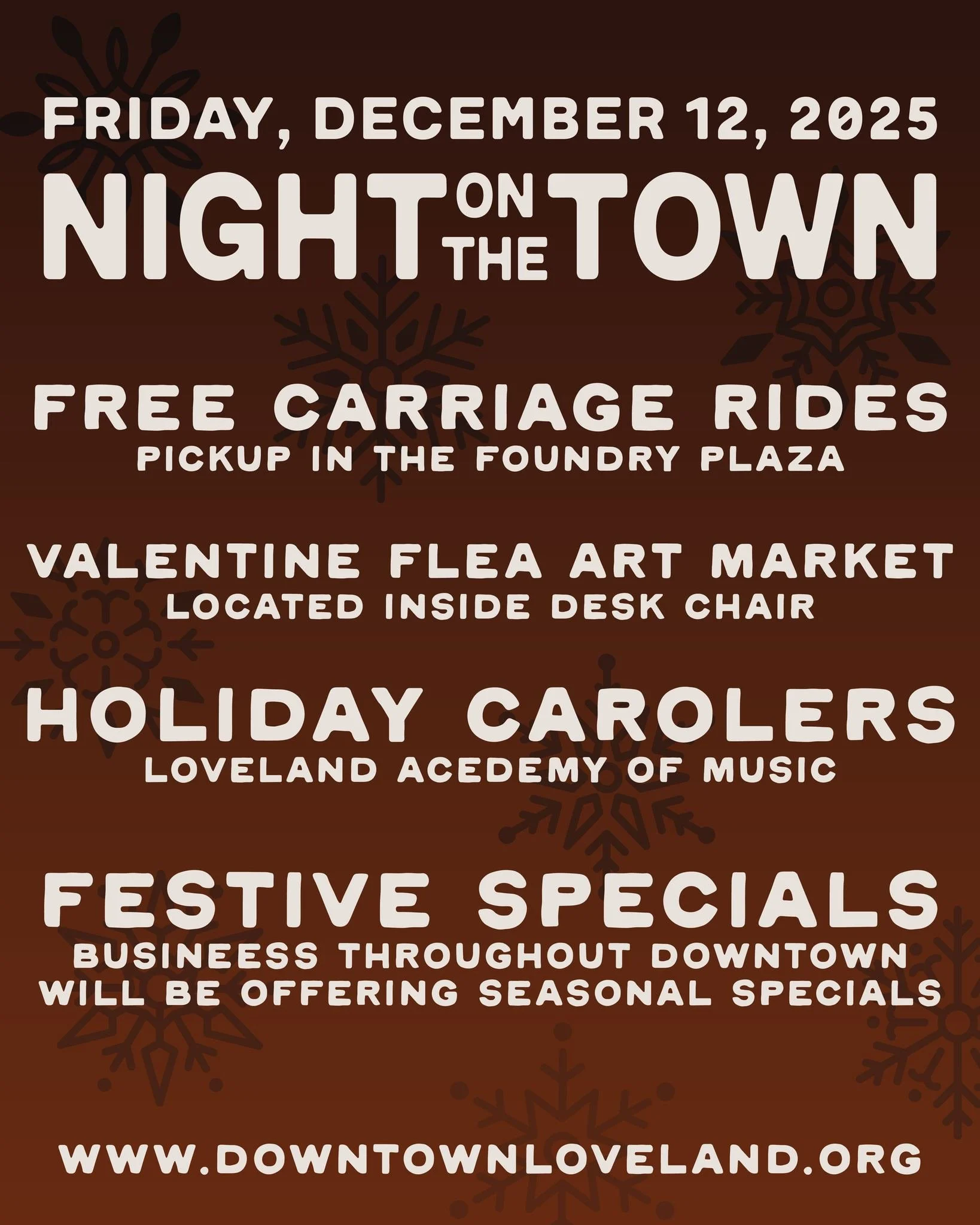 Mark your calendars for an extra special holiday evening in Downtown Loveland, this Friday, December 12th. Horse drawn carriage rides are returning during Night on the Town, compliments of our friends @visitlovelandco ✨ The carriage ride pick up loca