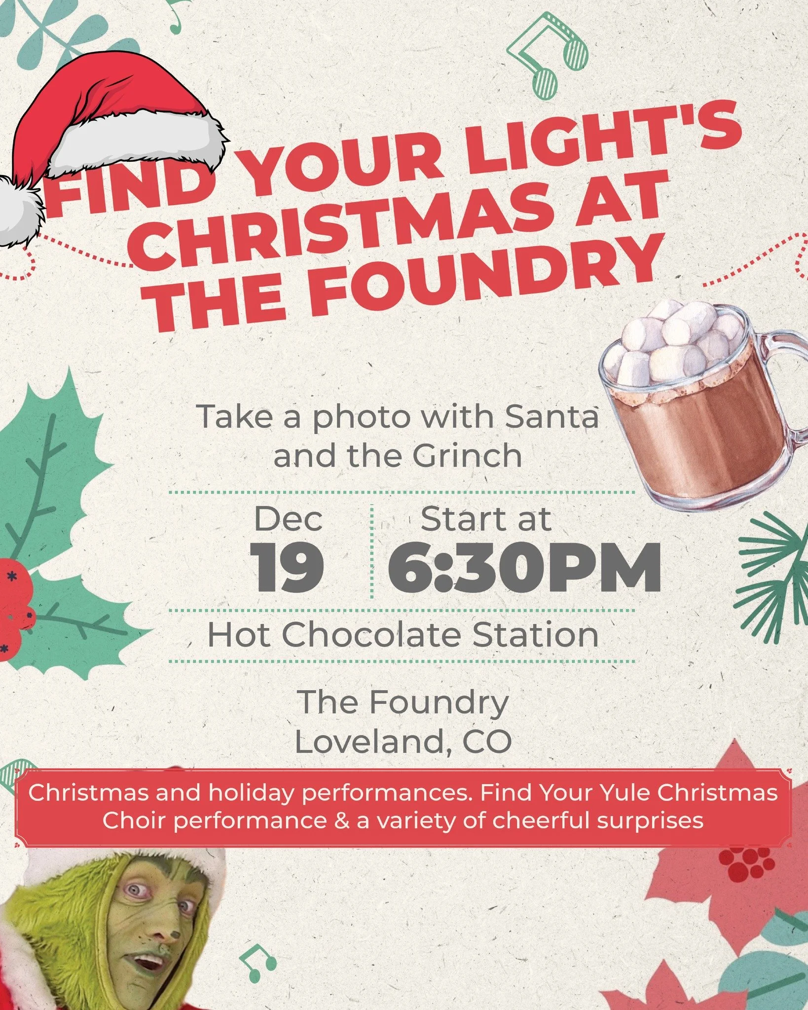 Are you looking for something festive to do tonight with your family? 

Join us in the Foundry Plaza in Downtown Loveland for Christmas at the Foundry, presented by Find Your Light. Enjoy a special Find Your Yule Christmas Choir performance, along wi