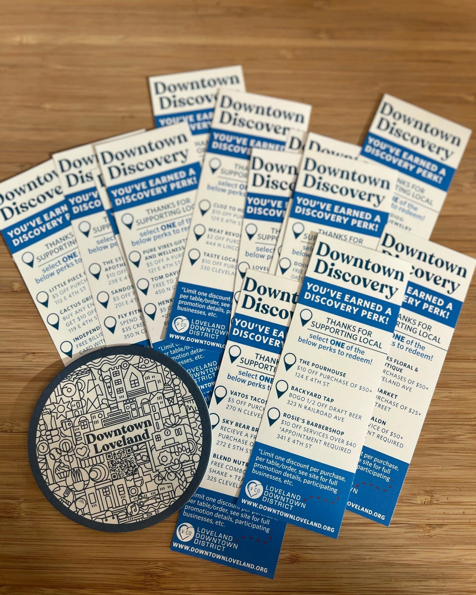 We have distributed well over 30k Discovery Cards to participating Downtown Loveland businesses! Have you received a Discovery Perk yet?!
There are 28 unique Discovery Cards in circulation so no matter what your interests are, there's a great deal wa
