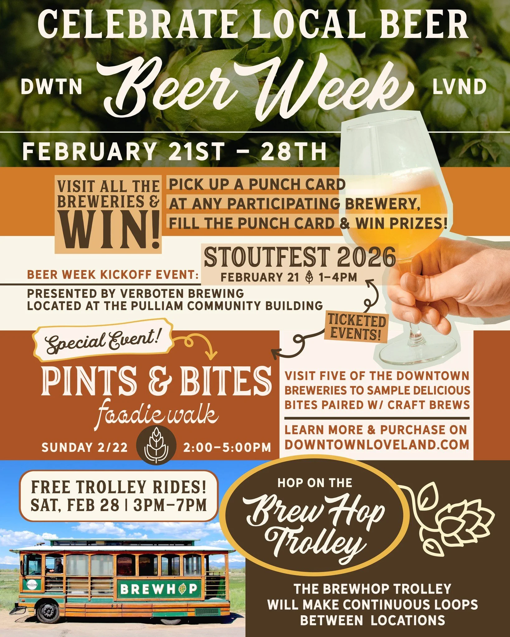 We're just ONE WEEK away from the start of Downtown Beer Week! 
Be sure to head Downtown Loveland between Feb 21&ndash;28 to help us celebrate the incredible craft breweries in downtown! Experience brewery specials, limited releases, exclusive events
