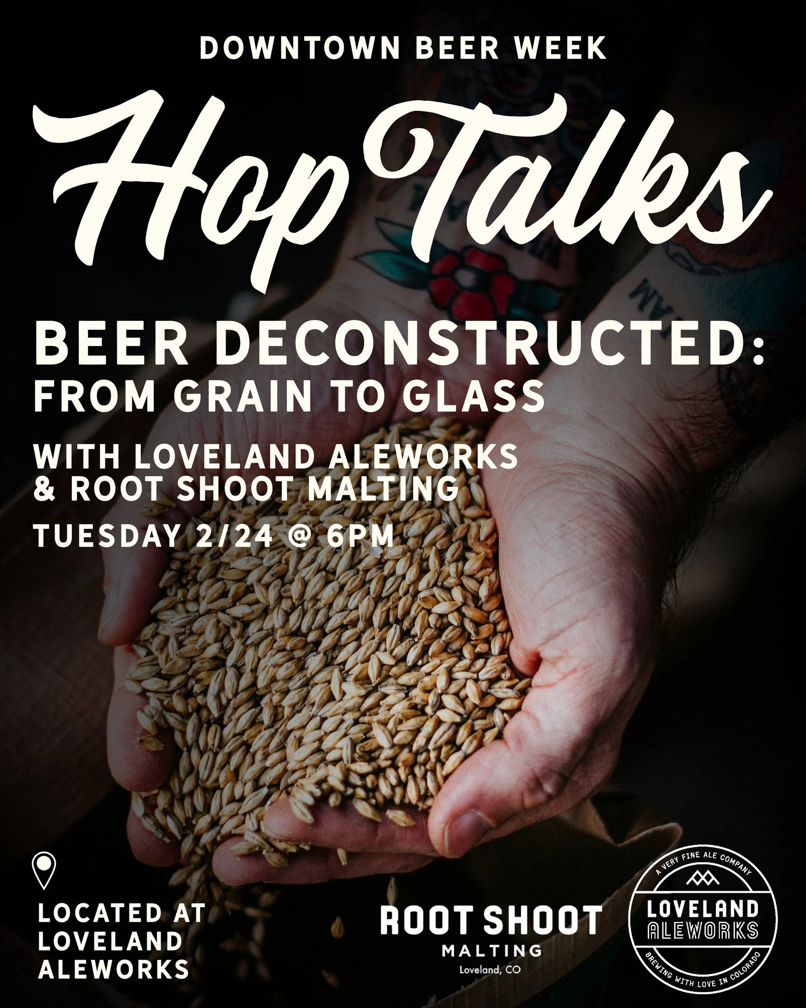 Tonight at 6:00pm! Nick of @lovelandaleworks and Mike of @rootshootmalting will be leading our a Hop Talk, "Beer Deconstructed: from grain to glass" an interactive conversation that breaks beer down to its core ingredients and processes.

T