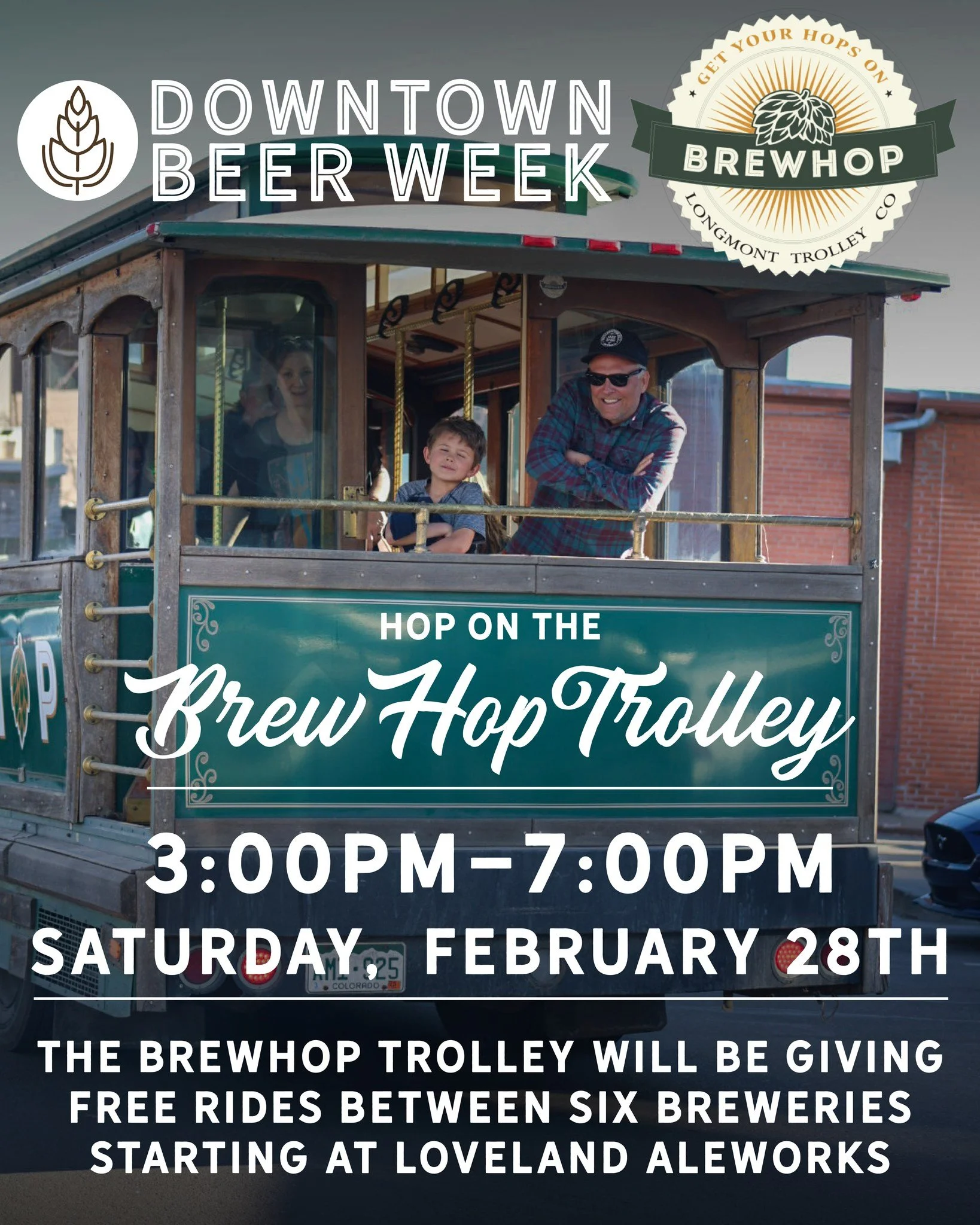 To wrap up Downtown Loveland Beer Week the @brewhoptrolley  will be making continuous loops to all the Downtown Loveland breweries TODAY from 3-7pm starting at @lovelandaleworks 🍻 Free to ride!

Brew Hop Route &amp; Brewery Specials: 
starting at 3:
