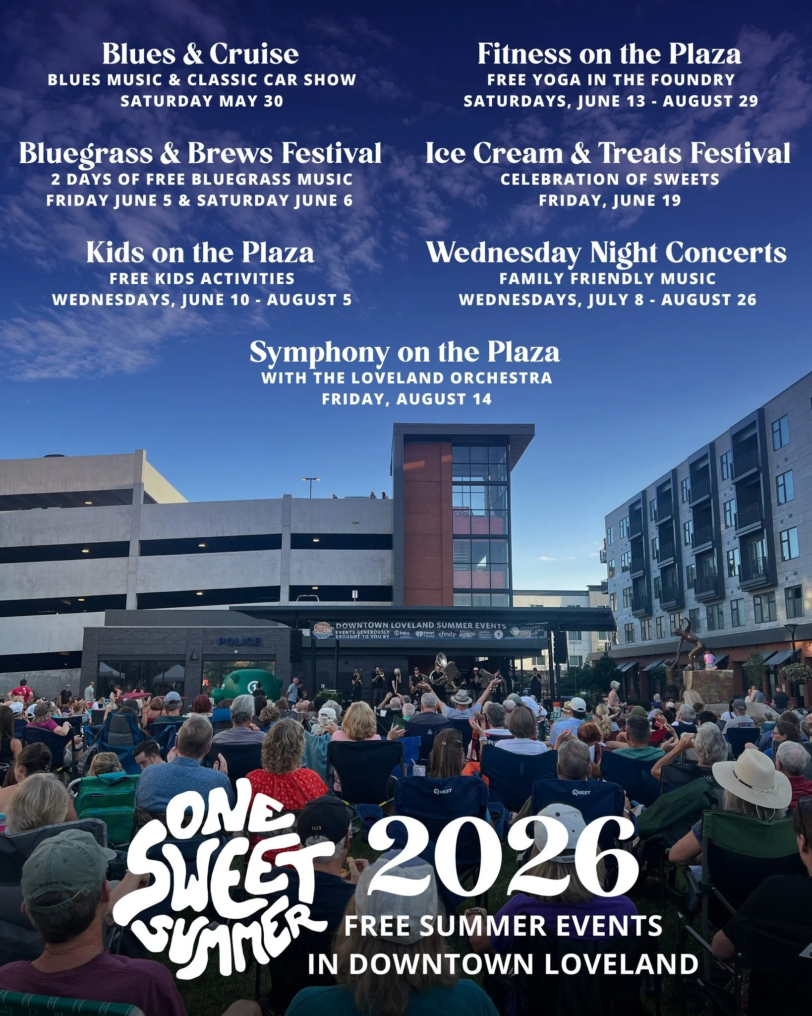Join us in Downtown Loveland from May through August for a full season of free community events. From live concerts and fitness classes to Kid&rsquo;s Days, the Ice Cream Festival, Blues &amp; Cruise, and Bluegrass &amp; Brews, there&rsquo;s somethin