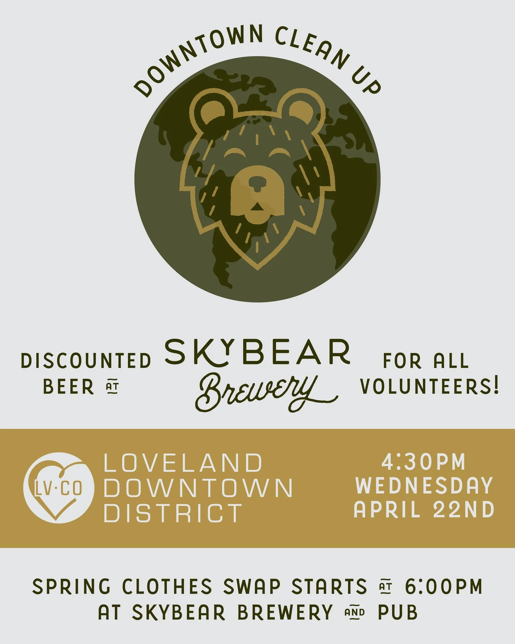 n honor of Earth Day, join us and @skybearbreweryandpub for our third annual downtown clean-up event!

Meet at Sky Bear on Wednesday, April 22nd for check-in from 4:30 to 5:00 PM to grab cleaning supplies and help us clean up the town!
🌿 Volunteers 