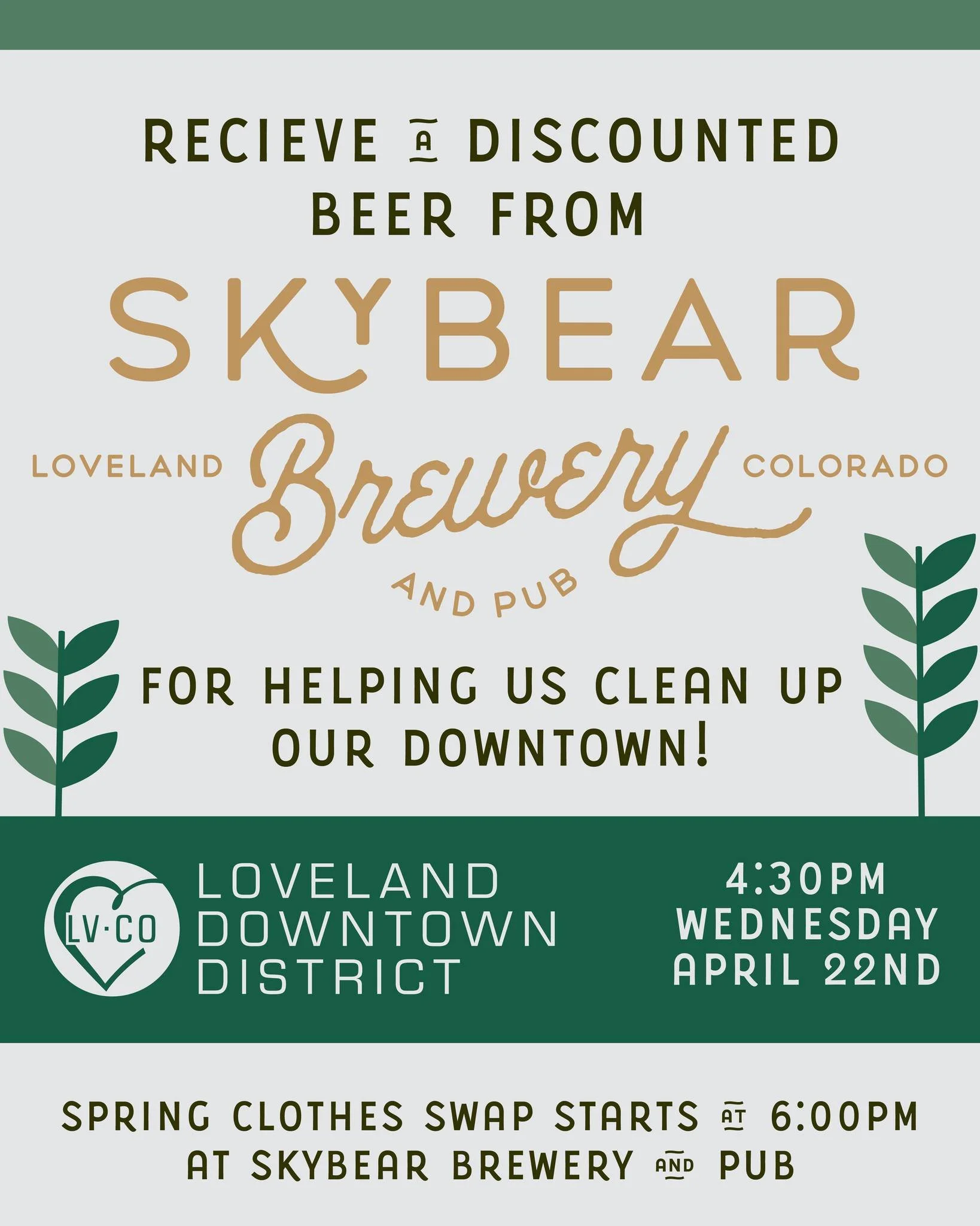 In honor of Earth Day, join us and @skybearbreweryandpub for our third annual downtown clean-up event!

Meet at Sky Bear on Wednesday, April 22nd for check-in from 4:30 to 5:00 PM to grab cleaning supplies and help us clean up the town!
🌿 Volunteers