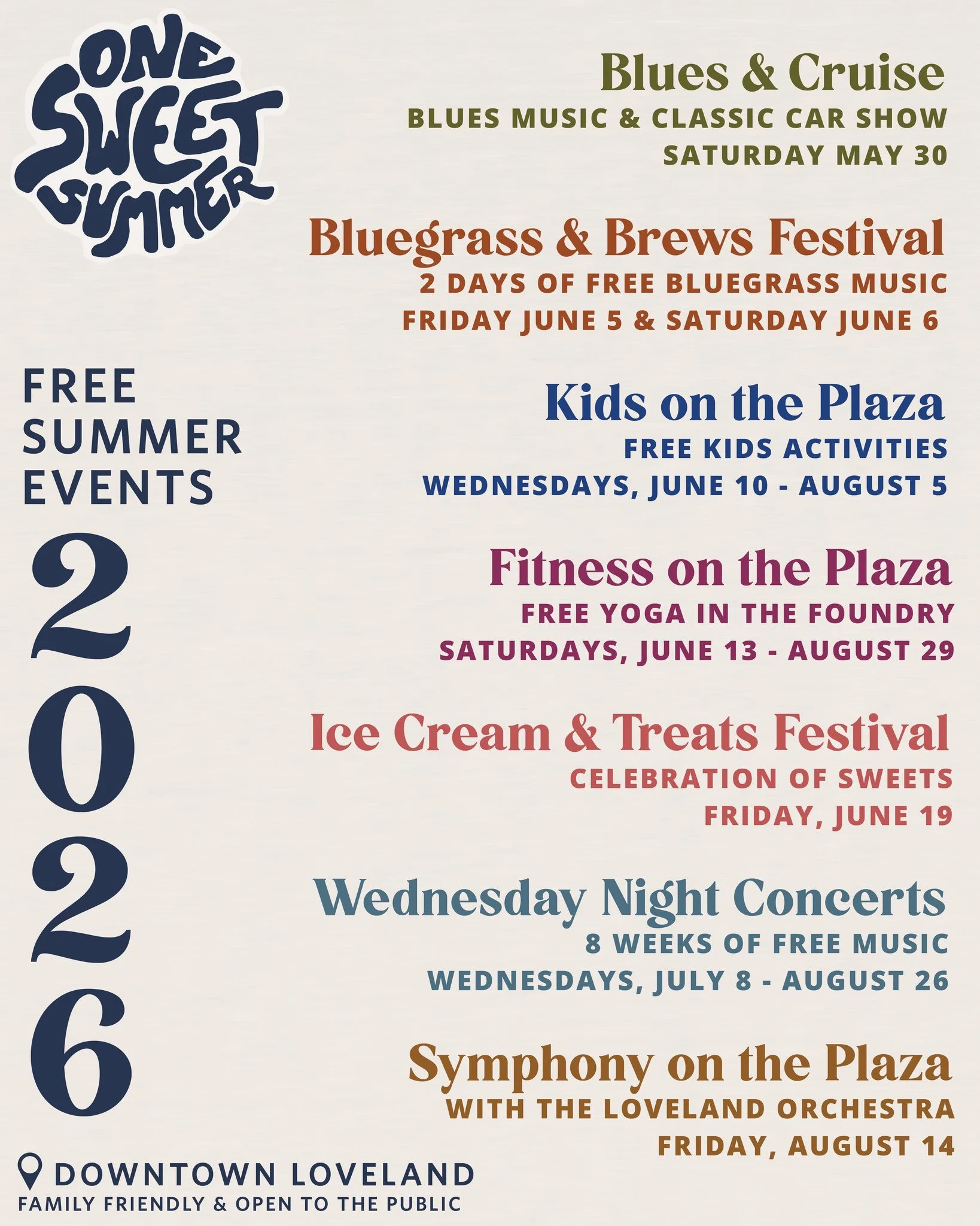 Join us in Downtown Loveland from May through August for a full season of free community events. From live concerts and fitness classes to Kid&rsquo;s Days, the Ice Cream Festival, Blues &amp; Cruise, and Bluegrass &amp; Brews, there&rsquo;s somethin