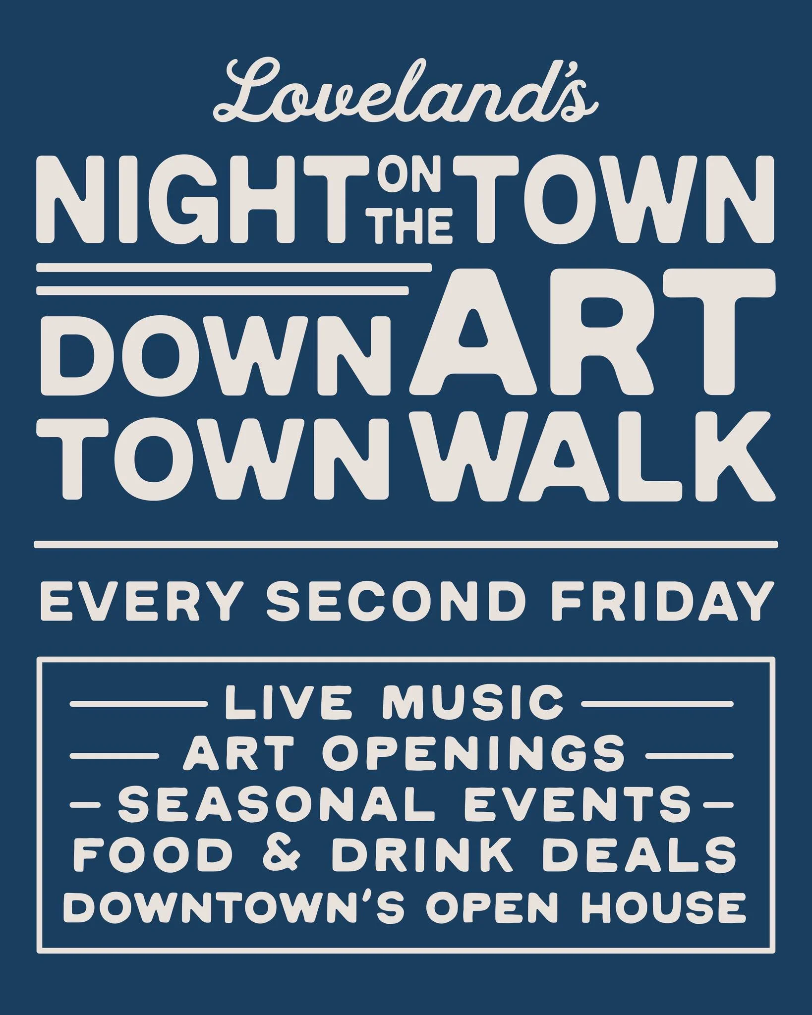 Tonight is Friday is Night on the Town in Downtown Loveland! Businesses throughout downtown will be hosting events and offering specials, deals and discounts - we encourage you to make plans to come downtown and support some of the wonderful business