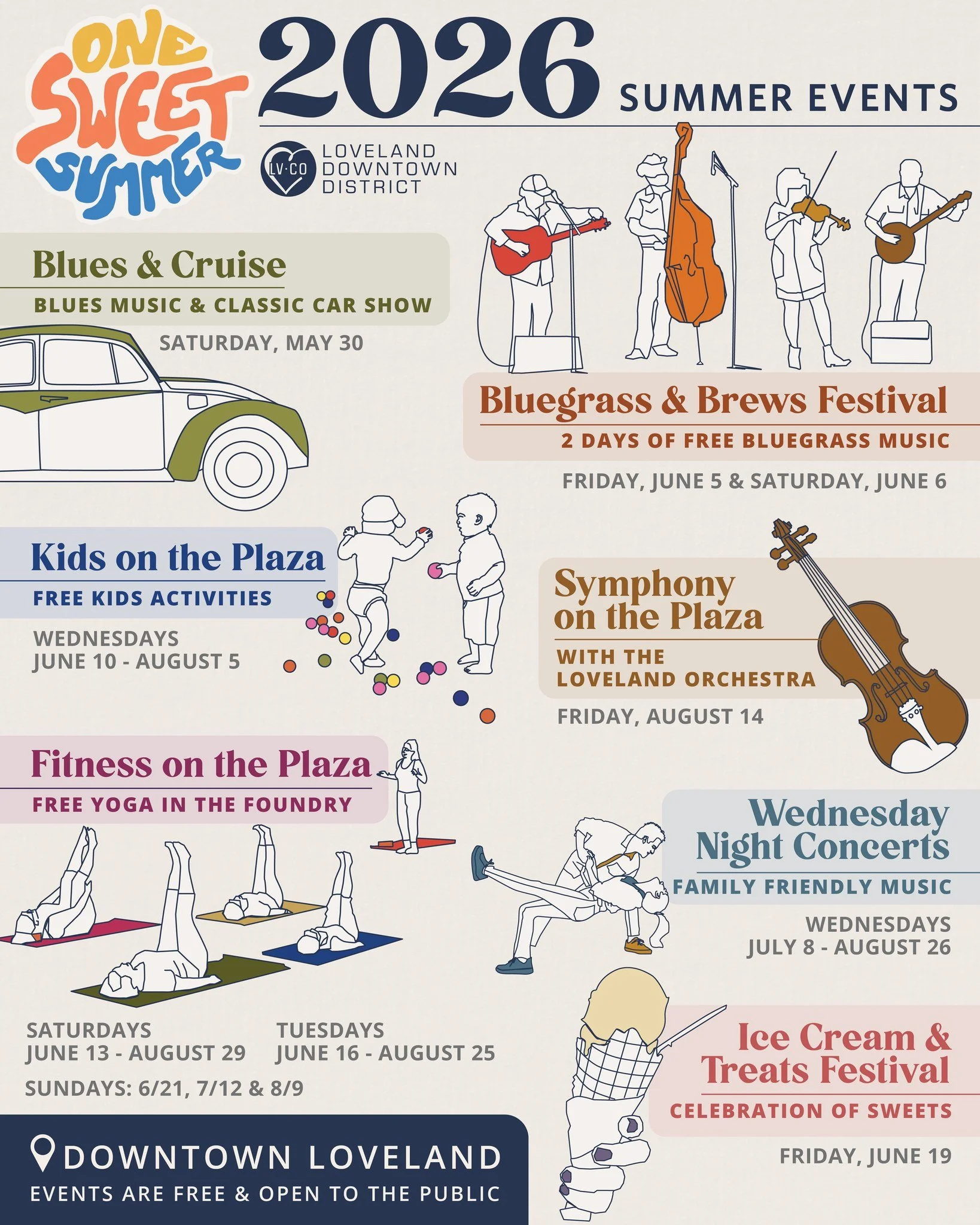 Join us in Downtown Loveland from May through August for a full season of free community events. From live concerts and fitness classes to Kid&rsquo;s Days, the Ice Cream Festival, Blues &amp; Cruise, and Bluegrass &amp; Brews, there&rsquo;s somethin
