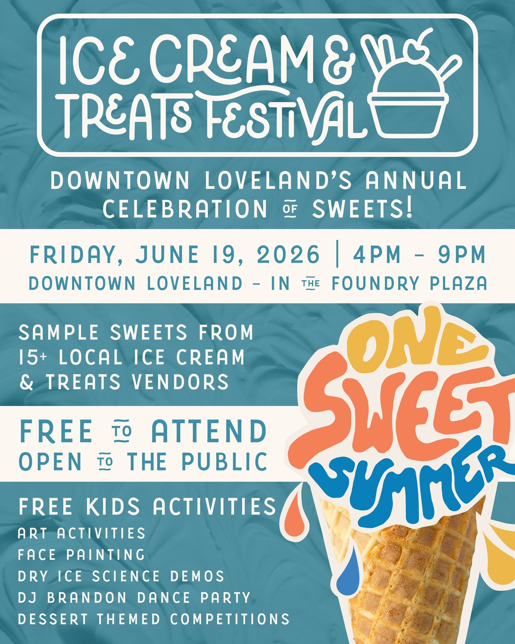 Cool treats, free kids activities a live DJ and a whole lot of summer fun 🍦

Join us Friday, June 19 from 4&ndash;9 PM in The Foundry Plaza for Downtown Loveland&rsquo;s annual Ice Cream &amp; Treats Festival! Sample sweet treats from 15+ local vend