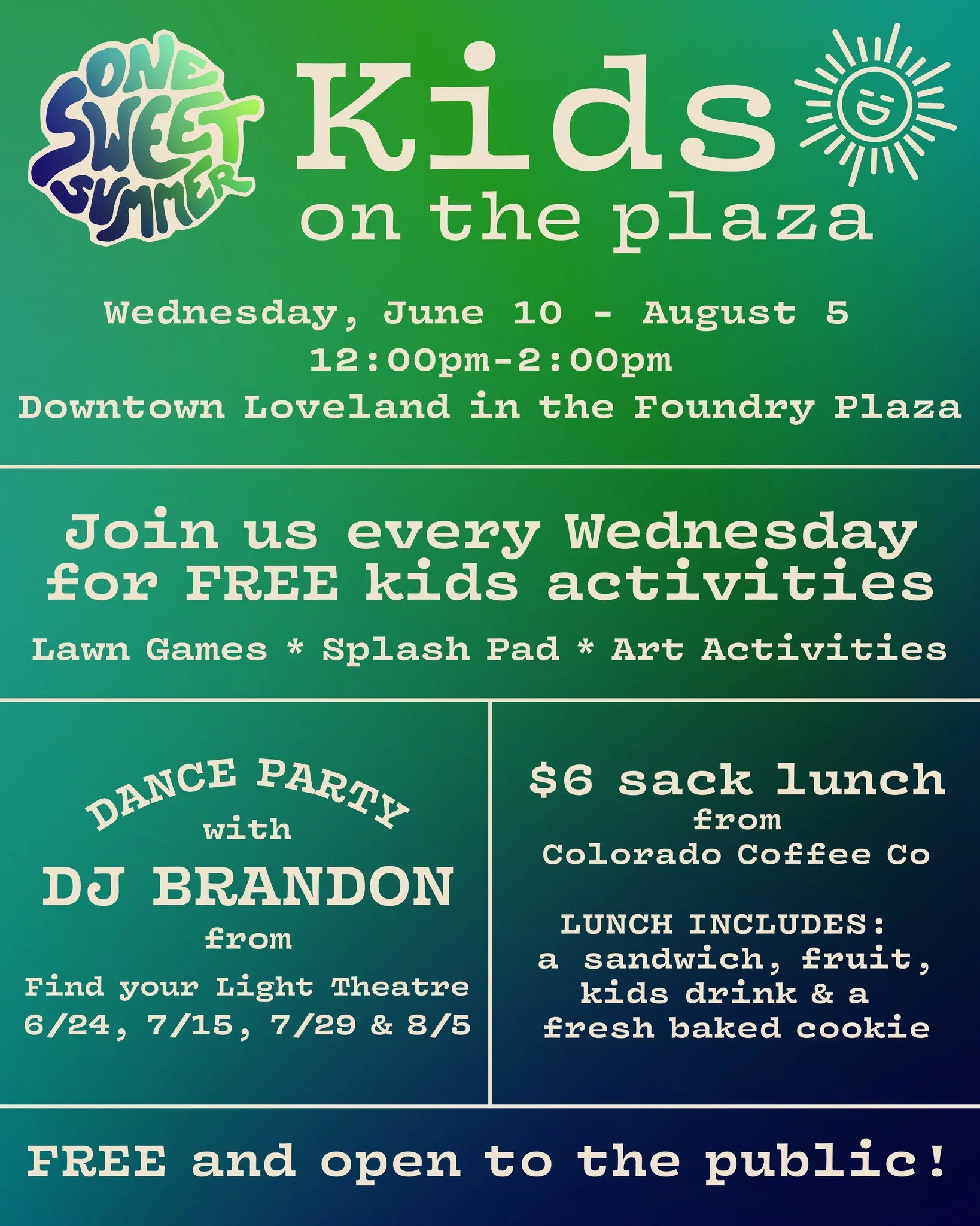 Our One Sweet Summer ☀️ Kids on the Plaza events start June 10 and run through August 5! Bring your kiddos Downtown Loveland every Wednesday this summer for free games, art activities, splash pad fun and dance parties with DJ Brandon! @fyl_community_