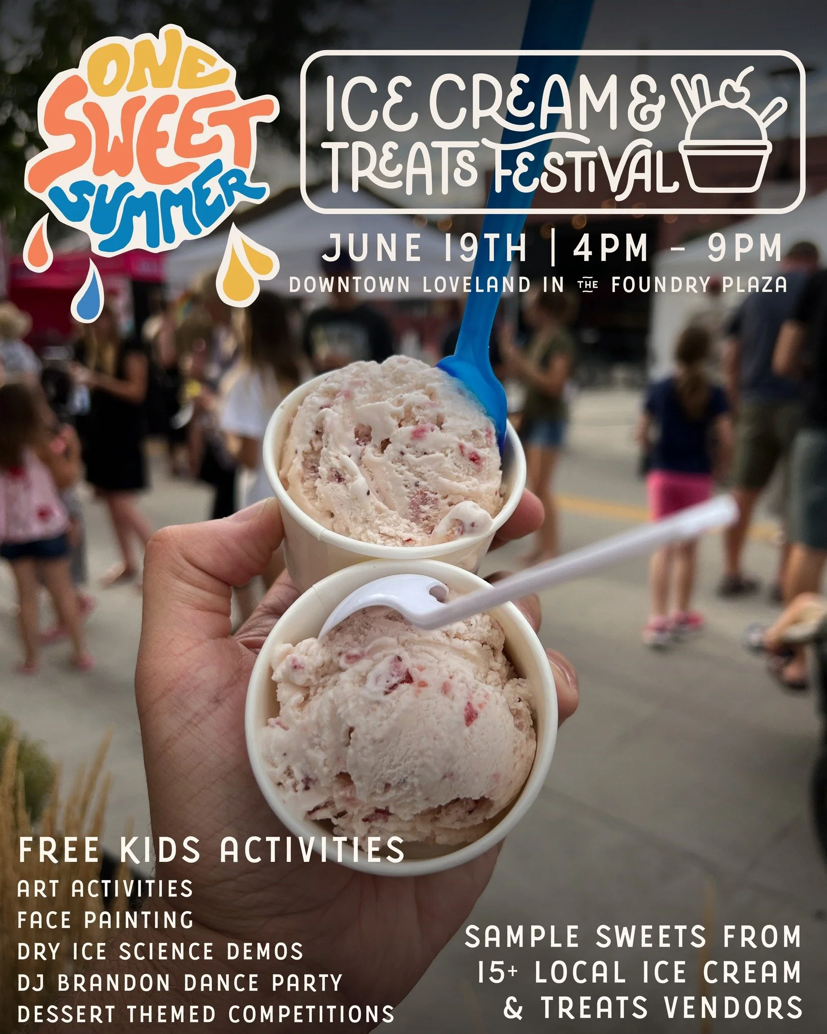 Cool treats, free kids activities a live DJ and a whole lot of summer fun 🍦

Join us Friday, June 19 from 4&ndash;9 PM in The Foundry Plaza for Downtown Loveland&rsquo;s annual Ice Cream &amp; Treats Festival! Sample sweet treats from 15+ local vend