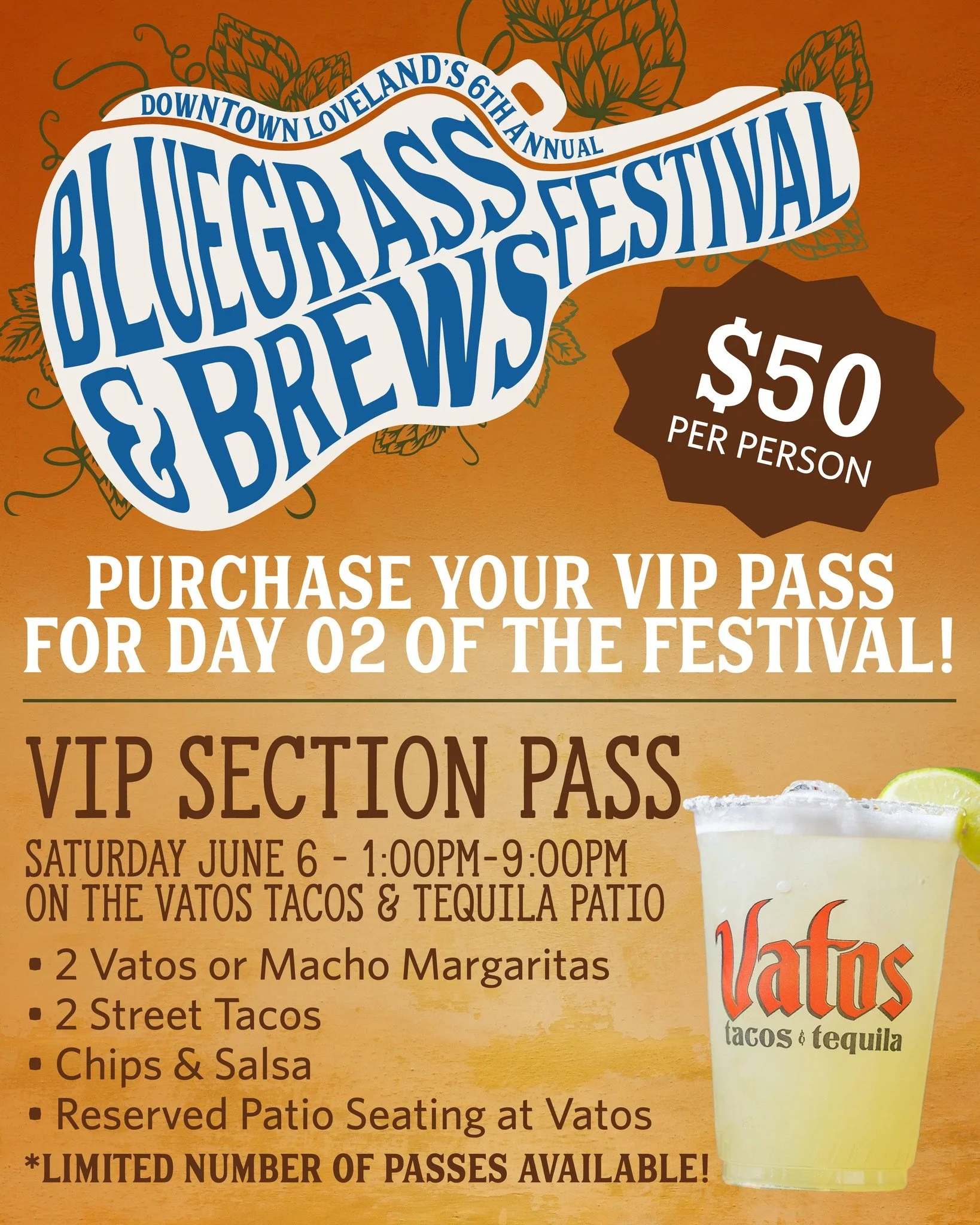 Our friends at @vatostacosandtequila will be designating a section of their patio as VIP during our Bluegrass and Brews Festival on June 6 from 1:00PM-9:00PM
VIP Passes are available for purchase though our website for $50 per person. 
Enjoy our FREE