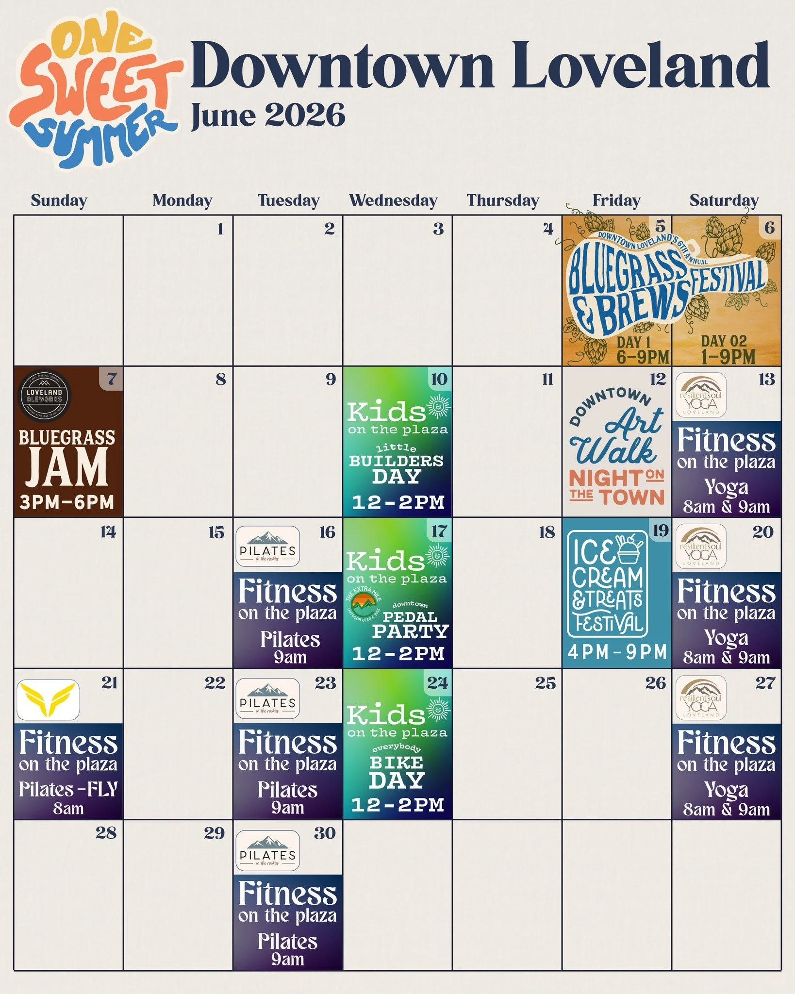 June is full of free, family friendly events in Downtown Loveland! Save this post and mark your calendars! 

🎻 Bluegrass &amp; Brews Festival 
A full weekend of free bluegrass music throughout Downtown Loveland 
6/5 - Day 01: 4th Street Block Party 