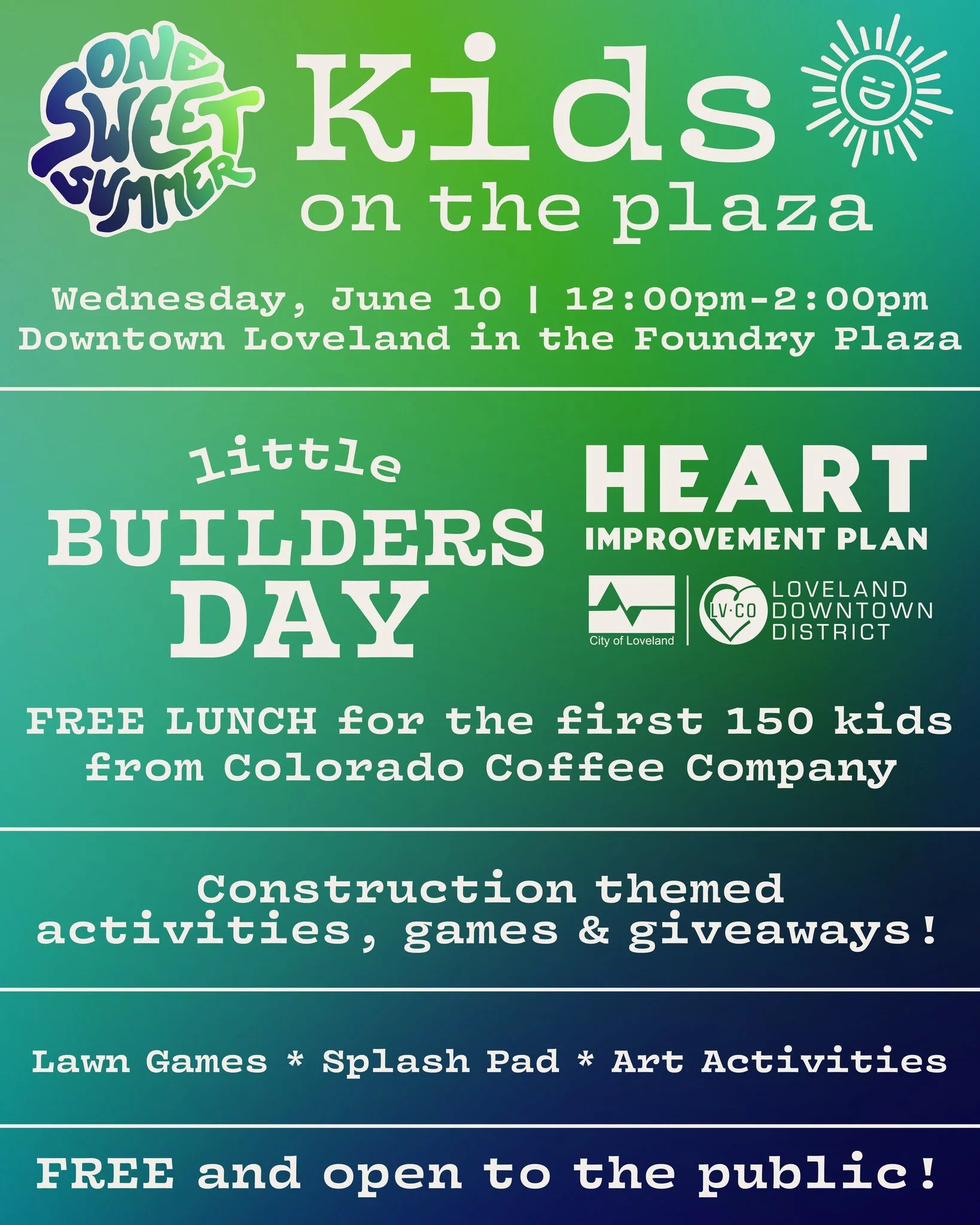 To kick off our Kids on the Plaza event we're hosting a "Little Builders Day" on Wednesday, June 10 from 12:00pm - 2:00pm in The Foundry Plaza! The Heart Improvement Plan is sponsoring this event with FREE lunch for the first 150 kids! 
Reg