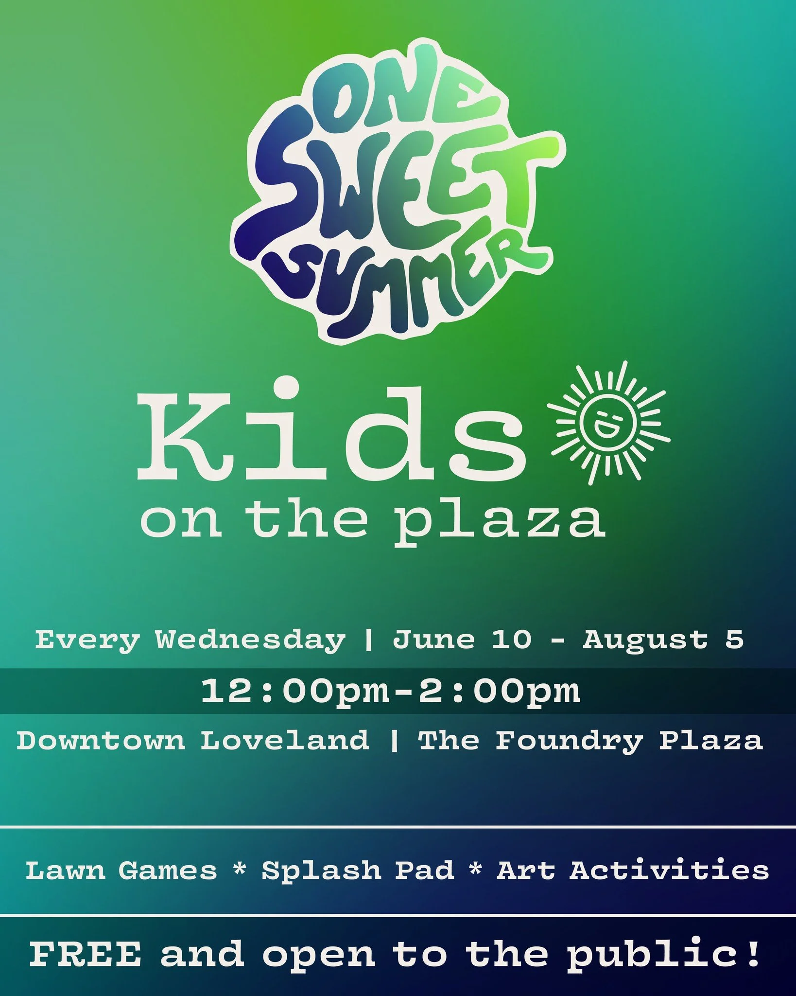 One Sweet Summer ☀️ Kids on the Plaza events start June 10 and run through August 5! Bring your kiddos Downtown Loveland every Wednesday from 12:00pm-2:00pm this summer for free games, art activities, splash pad fun and dance parties with DJ Brandon!