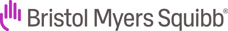 Bristol Myers Squibb logo with purple hand icon and company name in black text