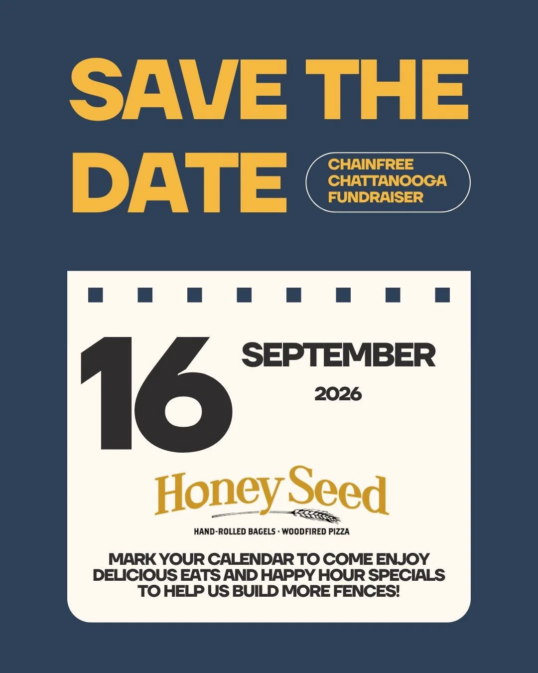 Mark your calendars, Chattanooga! 🗓️

On September 16, our friends at Honey Seed are hosting a give-back night to help us build more fences for dogs who need them most. Stop by for woodfired pizza, happy hour margaritas (seriously, you can't beat th