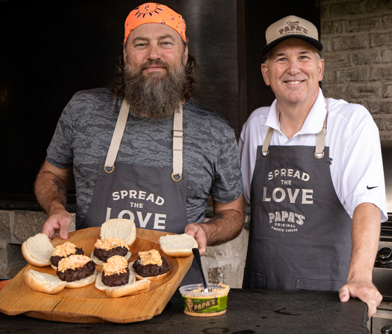 Willie Robertson loves to cook with Papa's Pimento Cheese on burgers, steaks or wherever his heart desires!  What a great pairing to melt the flavors of Papa's Jalapeno Pimento Cheese on some hot off the grill burgers!