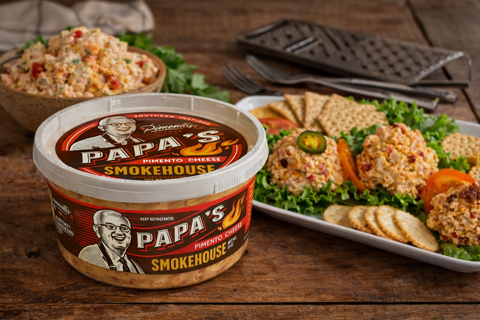 Our premium Smokehouse Pimento Cheese with a sampler platter and bowl for scoop serice.