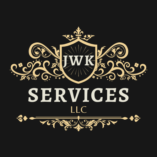 Logo for JWK Services LLC with a shield emblem, decorative floral elements, and a crown on top, on a black background.