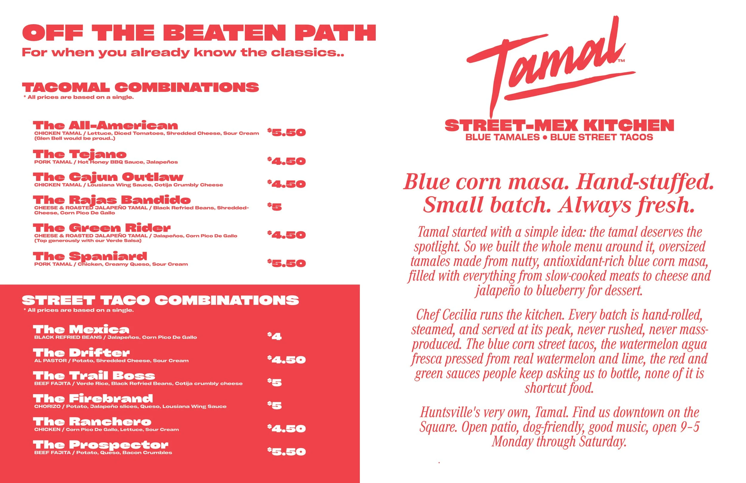 Menu for Tamal - Street-Mex Kitchen restaurant featuring various Tacomal and Street Taco options, as well as the history of the Tamal company, with red and white color scheme and bold text.