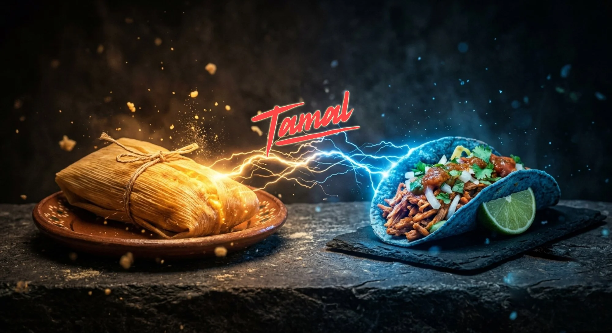 A traditional Mexican tamale wrapped in corn husk on a decorative plate and a blue taco shell filled with shredded meat, chopped onions, cilantro, sauce, and a lime wedge. The Creation of the Tacomal. A Tamal Original.