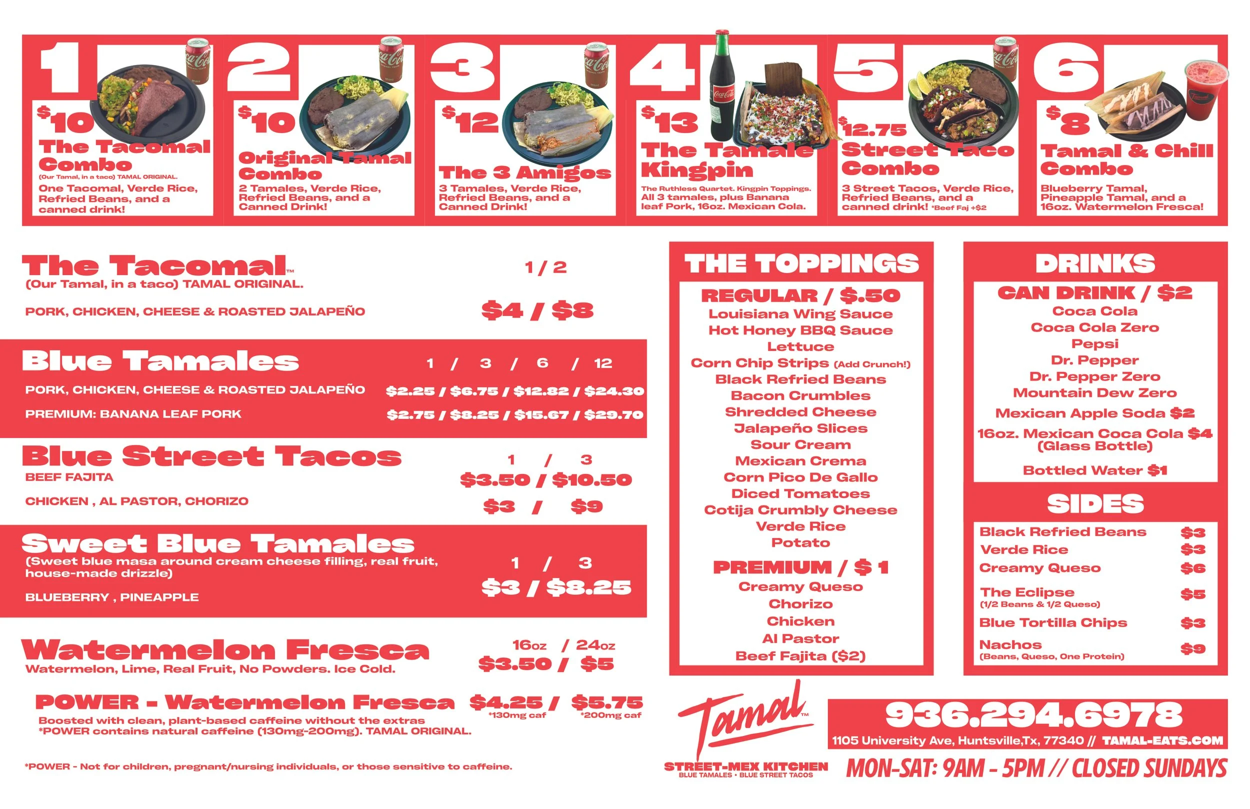 A red and white menu of the options from Tamal - Street-Mex Kitchen featuring various Mexican dishes and drinks, including blue street tacos, blue tamales, and beverages.