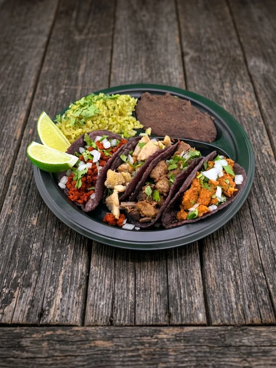 A plate of 4 Blue Street tacos with various fillings, alongside verde rice, refried beans, and lime wedges on a wooden table.