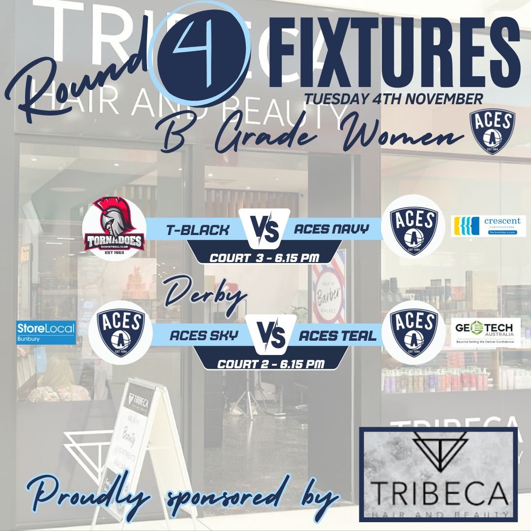 𝗦𝗲𝗻𝗶𝗼𝗿𝘀 𝗥𝗼𝘂𝗻𝗱  𝟰 - 𝗔&amp;𝗕 𝗚𝗿𝗮𝗱𝗲 𝗙𝗶𝘅𝘁𝘂𝗿𝗲𝘀

B Grade Men and Women - Tuesday 4th November 2025 from 6.15pm.
A Grade Men - Friday 7th November 2025 from 7.00pm

Don't miss our Aces B Grade Women's Derby at 6.15pm and our Men'