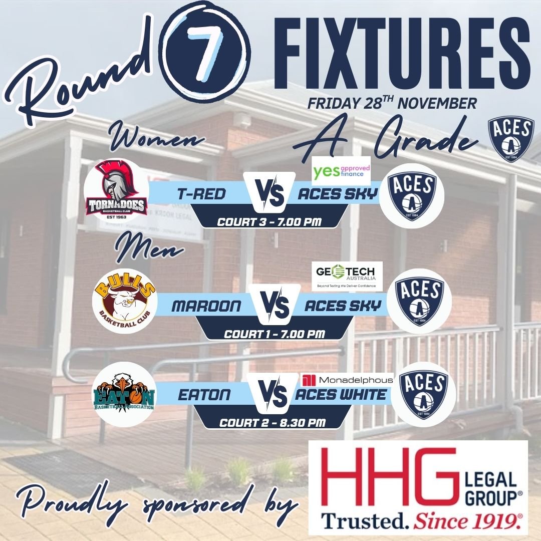 𝗦𝗲𝗻𝗶𝗼𝗿𝘀 𝗥𝗼𝘂𝗻𝗱 𝟳 - 𝗔 𝗚𝗿𝗮𝗱𝗲 𝗖𝗼𝗺𝗽𝗲𝘁𝗶𝘁𝗶𝗼𝗻 - 𝗧𝗼𝗻𝗶𝗴𝗵𝘁!

Good luck to our Aces A Grade Teams taking to the court this evening from 7.00pm!

Thank you to HHG Legal Group for being our Sponsor-A-Round Sponsor for Round 7 ?