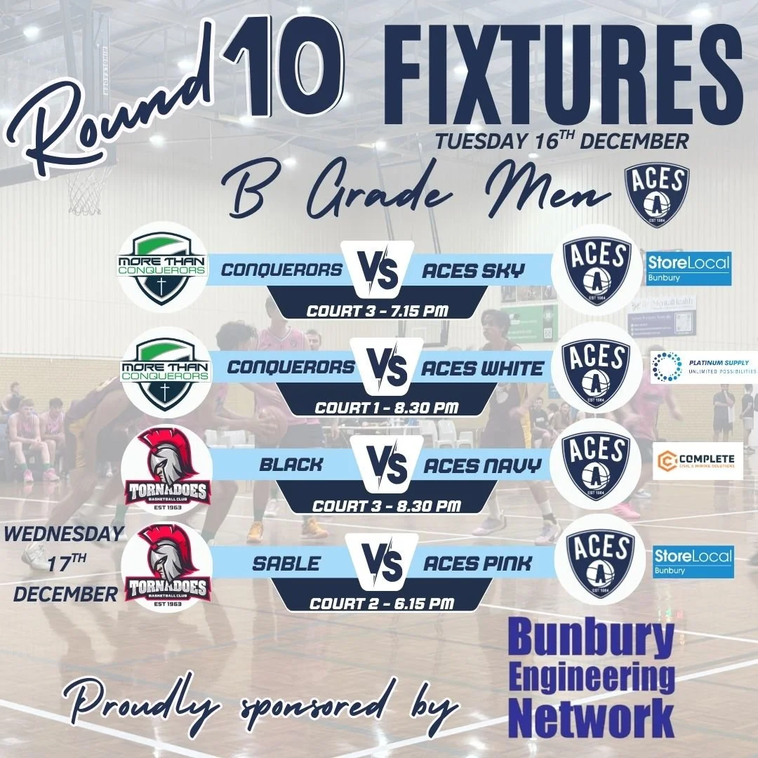 𝗦𝗲𝗻𝗶𝗼𝗿𝘀 𝗥𝗼𝘂𝗻𝗱 𝟭𝟬 - 𝗕 𝗚𝗿𝗮𝗱𝗲 𝗖𝗼𝗺𝗽𝗲𝘁𝗶𝘁𝗶𝗼𝗻 - 𝗧𝗼𝗻𝗶𝗴𝗵𝘁!

Best of luck to our B Grade Men's and Women's Teams taking to the courts tonight from 6.00pm!
Aces Pink Men take to the court tomorrow evening - Wednesday 17th D