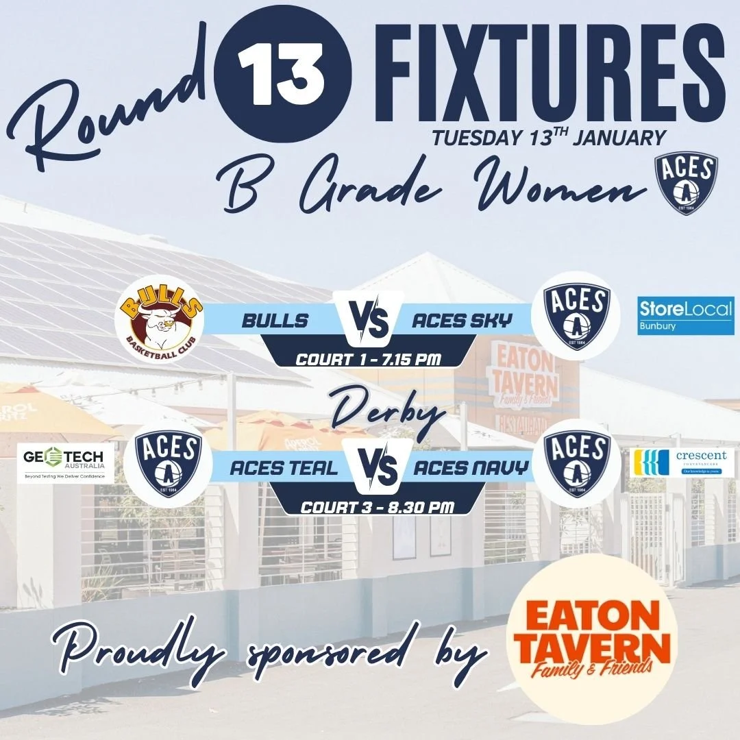 𝗥𝗼𝘂𝗻𝗱 𝟭𝟯 - 𝗕 𝗚𝗿𝗮𝗱𝗲 𝗪𝗼𝗺𝗲𝗻 - 𝗧𝗢𝗡𝗜𝗚𝗛𝗧 - 𝗦𝗽𝗼𝗻𝘀𝗼𝗿 𝗪𝗲𝗹𝗰𝗼𝗺𝗲 - 𝗘𝗮𝘁𝗼𝗻 𝗧𝗮𝘃𝗲𝗿𝗻

Round 13 kicks off tonight for our B Grade Women, with Aces Sky playing at 7.15pm and Aces Derby match between Aces Teal &amp; Navy