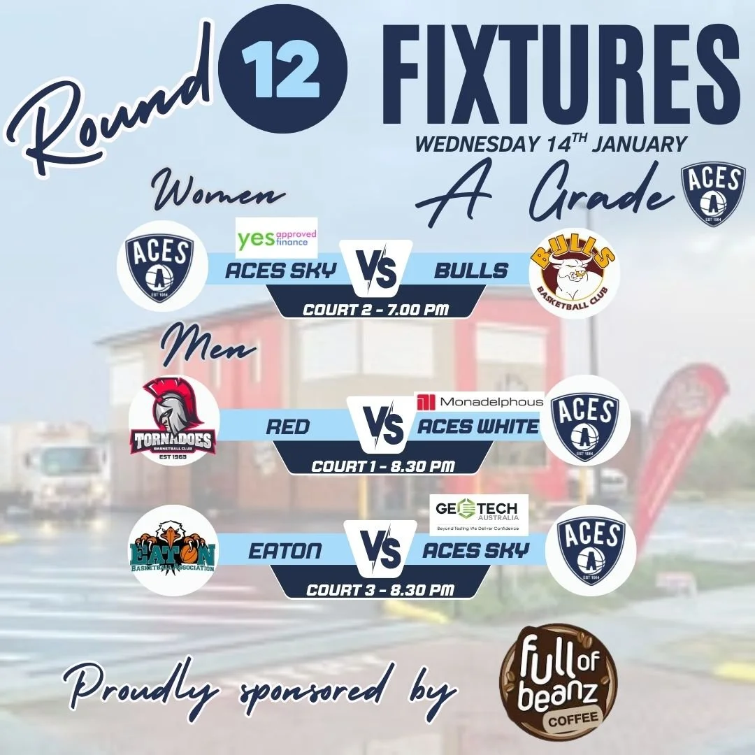 𝗦𝗲𝗻𝗶𝗼𝗿𝘀 𝗥𝗼𝘂𝗻𝗱 𝟭𝟮 - 𝗔 𝗚𝗿𝗮𝗱𝗲 𝗖𝗼𝗺𝗽𝗲𝘁𝗶𝘁𝗶𝗼𝗻 - 𝗧𝗼𝗻𝗶𝗴𝗵𝘁!

Good luck to our Aces A Grade Teams taking to the court this evening from 7.00pm!

Thank you to our Sponsor-A-Round Sponsor Full of Beanz Coffee 💙

 #fullofbean