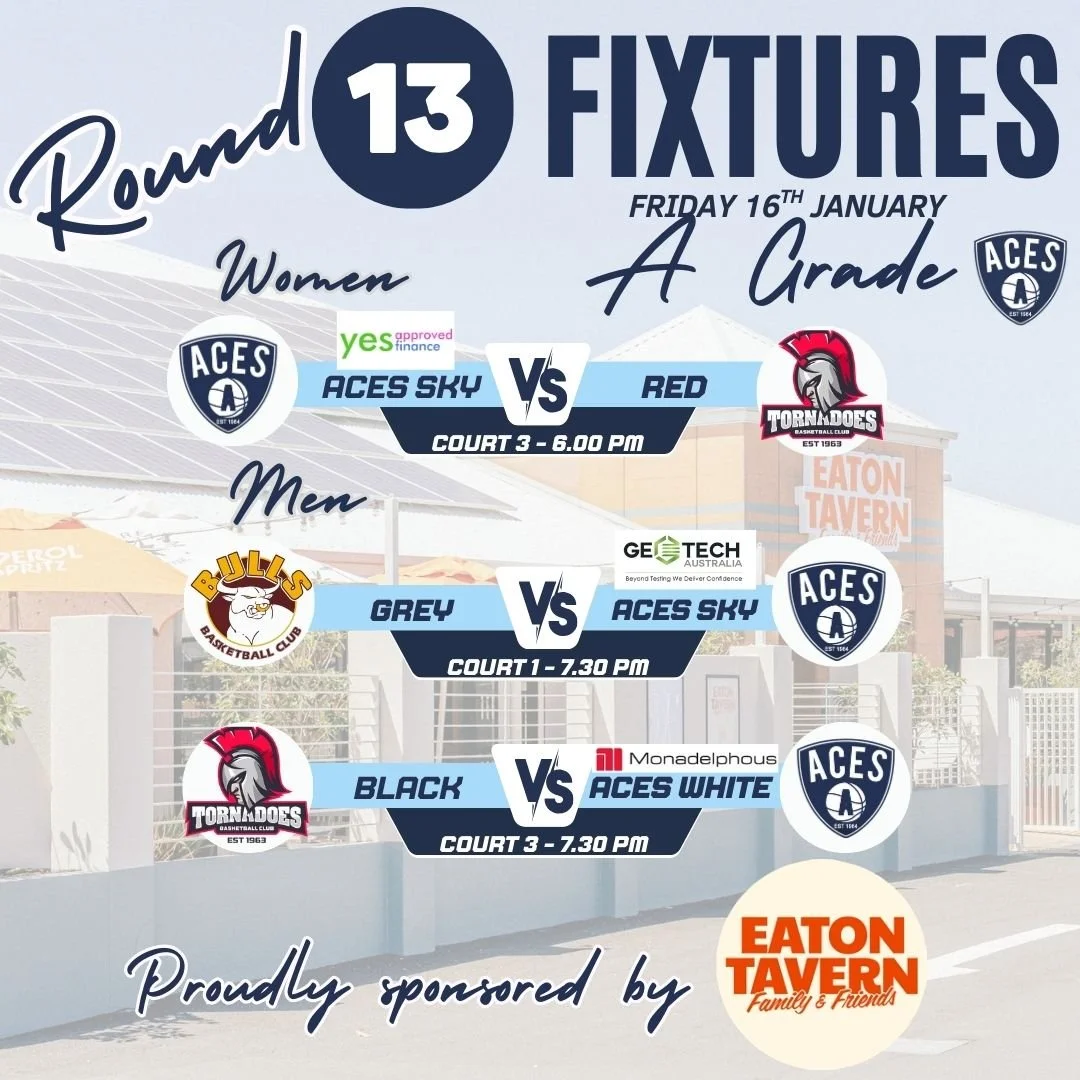 𝗦𝗲𝗻𝗶𝗼𝗿𝘀 𝗥𝗼𝘂𝗻𝗱 𝟭𝟯 - 𝗔 𝗚𝗿𝗮𝗱𝗲 𝗖𝗼𝗺𝗽𝗲𝘁𝗶𝘁𝗶𝗼𝗻 - 𝗧𝗼𝗻𝗶𝗴𝗵𝘁!

Good luck to our Aces A Grade Teams taking to the court this evening from 6.00pm!

Thank you to our Sponsor-A-Round Sponsor - @eatontavern 💙

 #eatontavern #ace