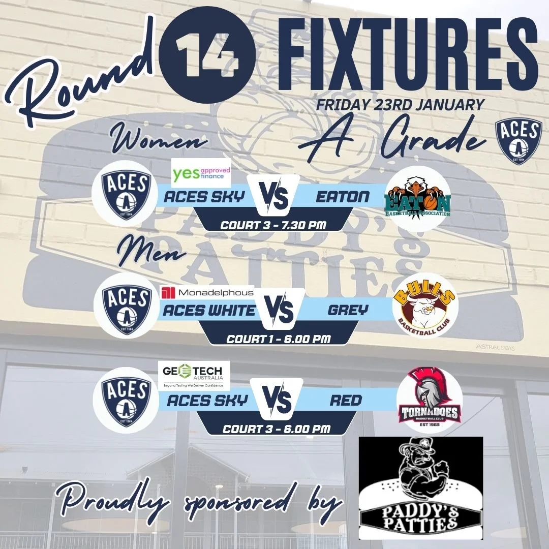 𝗦𝗲𝗻𝗶𝗼𝗿𝘀 𝗥𝗼𝘂𝗻𝗱 𝟭𝟰 - 𝗔 𝗚𝗿𝗮𝗱𝗲 𝗖𝗼𝗺𝗽𝗲𝘁𝗶𝘁𝗶𝗼𝗻 - 𝗧𝗼𝗻𝗶𝗴𝗵𝘁!

Good luck to our Aces A Grade Teams taking to the court this evening. Catch the Men  from 6.00pm and Women from 7.30pm!

Thank you to our Sponsor-A-Round Sponsor