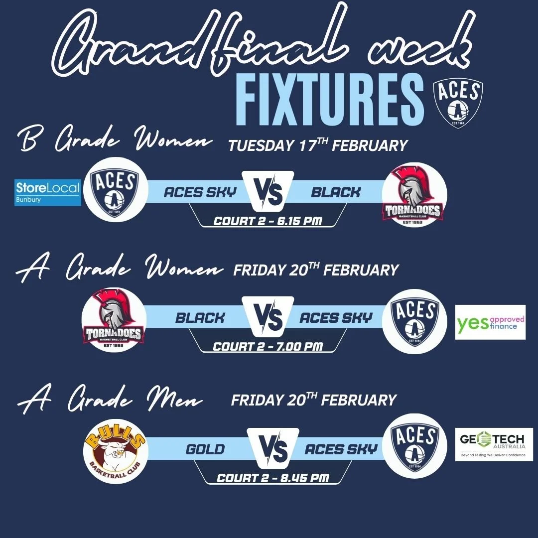 𝗦𝗲𝗻𝗶𝗼𝗿𝘀 - 𝗚𝗿𝗮𝗻𝗱 𝗙𝗶𝗻𝗮𝗹 𝗪𝗲𝗲𝗸 - 𝗙𝗶𝘅𝘁𝘂𝗿𝗲𝘀

Aces Sky are dominating the grand finals this week, with 3 of the 4 matches featuring Aces Sky Teams!

&spades; Sky B Grade Women - 6.15pm - Tuesday 17th February
&spades; Sky A Grad