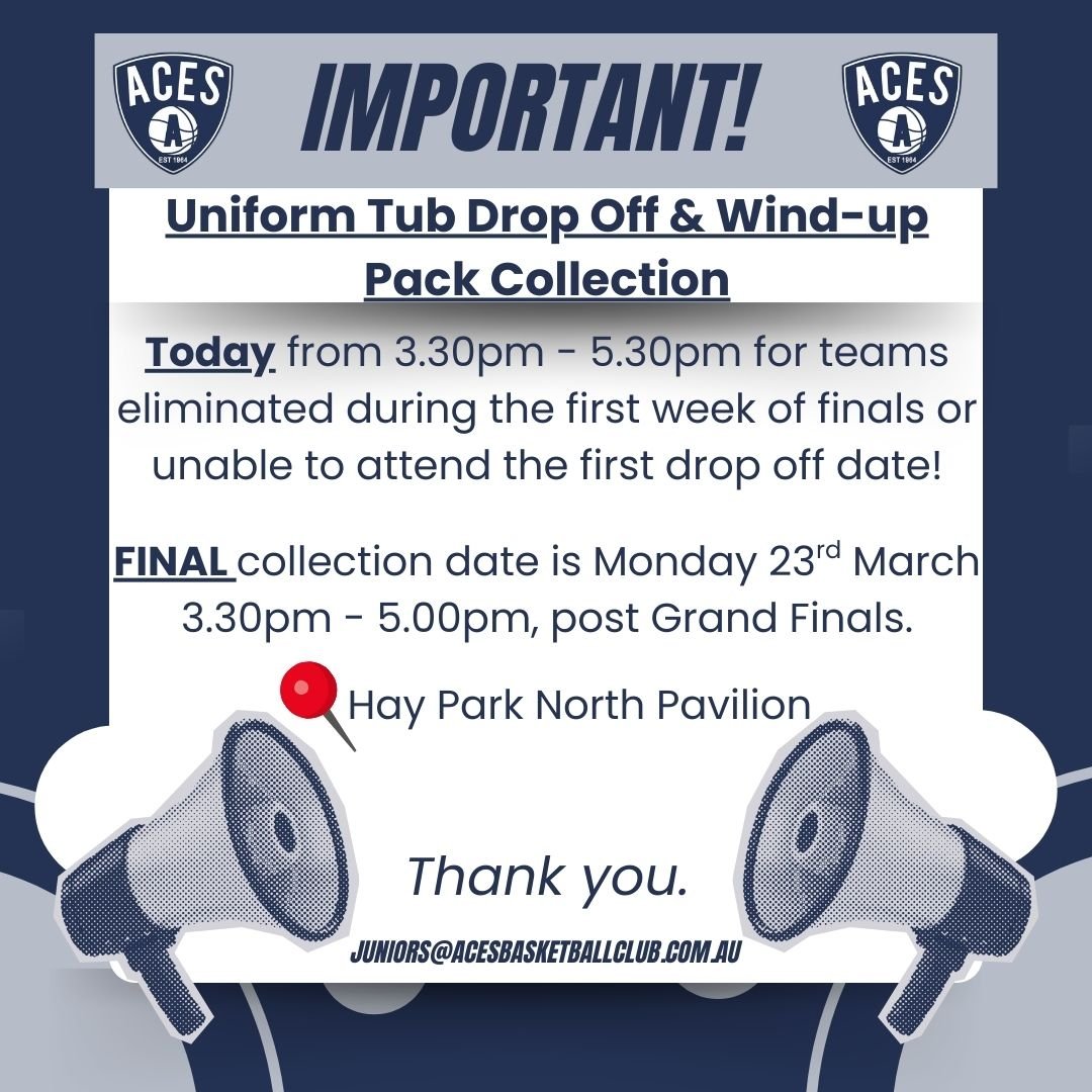 𝗝𝘂𝗻𝗶𝗼𝗿𝘀 𝗨𝗻𝗶𝗳𝗼𝗿𝗺 𝗗𝗿𝗼𝗽-𝗼𝗳𝗳 𝗮𝗻𝗱 𝗪𝗶𝗻𝗱-𝘂𝗽 𝗣𝗮𝗰𝗸 𝗖𝗼𝗹𝗹𝗲𝗰𝘁𝗶𝗼𝗻

- TODAY - Monday, 16th March (3:30 pm &ndash; 5:30 pm): For teams eliminated during the first week of finals or those unable to attend the first date.
-