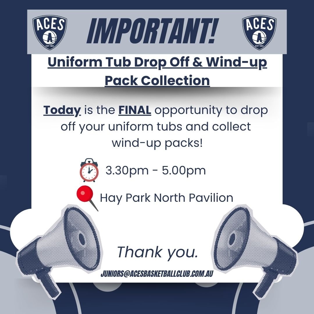Hi Aces Family,

Just a friendly reminder that today is the FINAL day for uniform tub drop off and wind-up pack collection!

Look for our Aces Committee Members at the front of Hay Park North Pavilion between 3.30pm and 5.00pm today.

Thank you 🙂