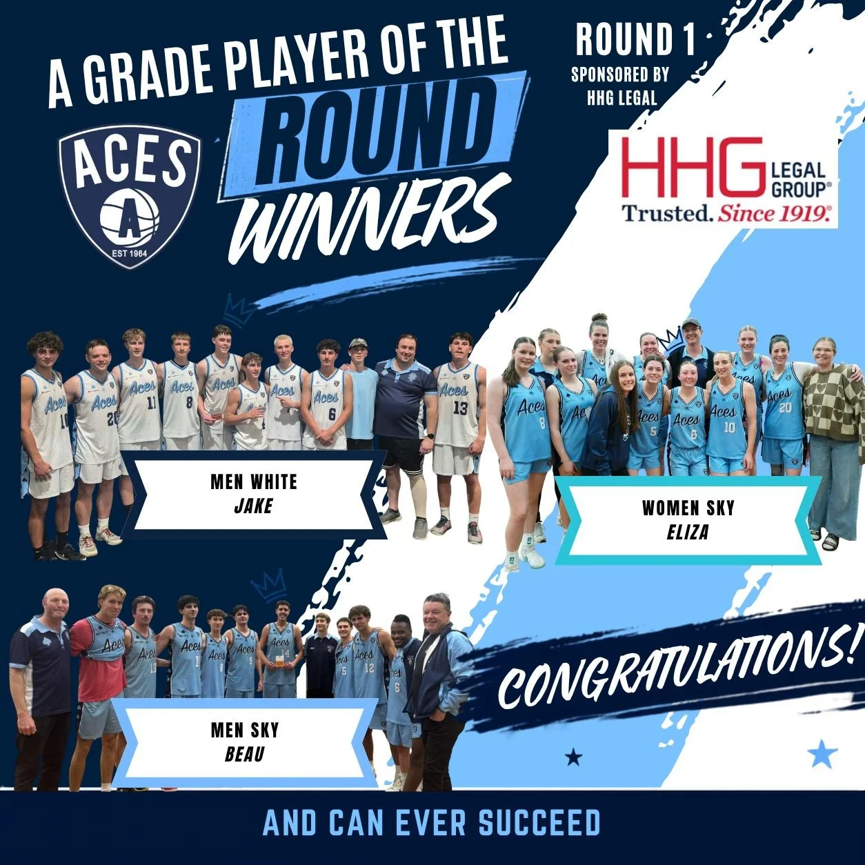 🏀 ROUND 1 PLAYERS OF THE ROUND &spades;️💙

A huge congratulations to our A Grade and B Grade Players of the Round for Round 1 of the 2026/27 season!

A Grade
⭐ Men White &mdash; Jake
⭐ Men Sky &mdash; Beau
⭐ Women Sky &mdash; Eliza

B Grade
⭐ Men N