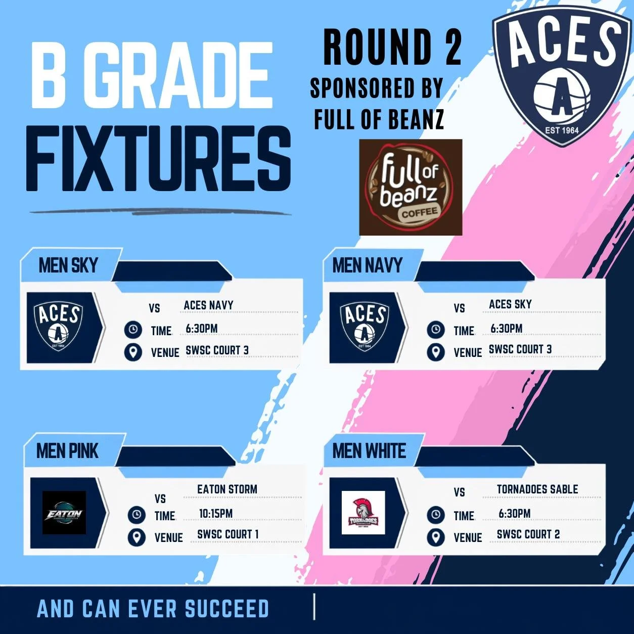 🏀 ROUND 2 | B GRADE FIXTURES &spades;️💙

Round 2 is here and our Aces B Grade teams are back on court!

There&rsquo;s a full night of action tomorrow night at the South West Sports Centre, with our Men&rsquo;s and Women&rsquo;s teams ready to compe