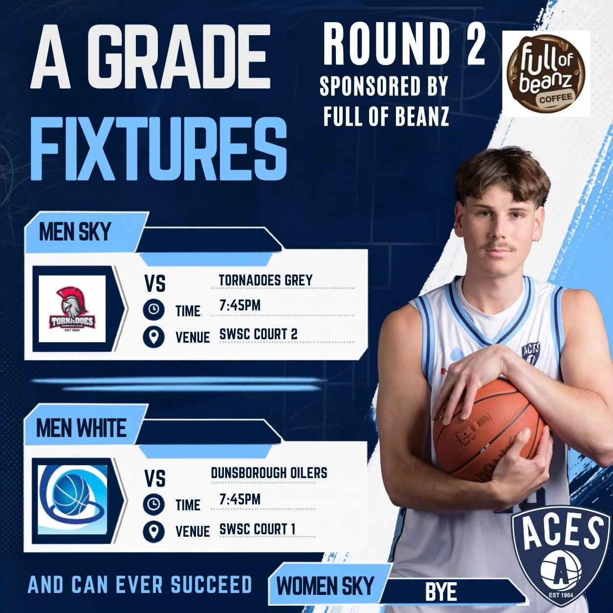 🏀 ROUND 2 | A GRADE FIXTURES &spades;️💙

Round 2 of the Tronox BSBL 2026/27 season is here, with our A Grade teams back in action!

A big thank you to Full of Beanz for proudly sponsoring Round 2 and supporting Aces Basketball Club. ☕🏀

Get along,