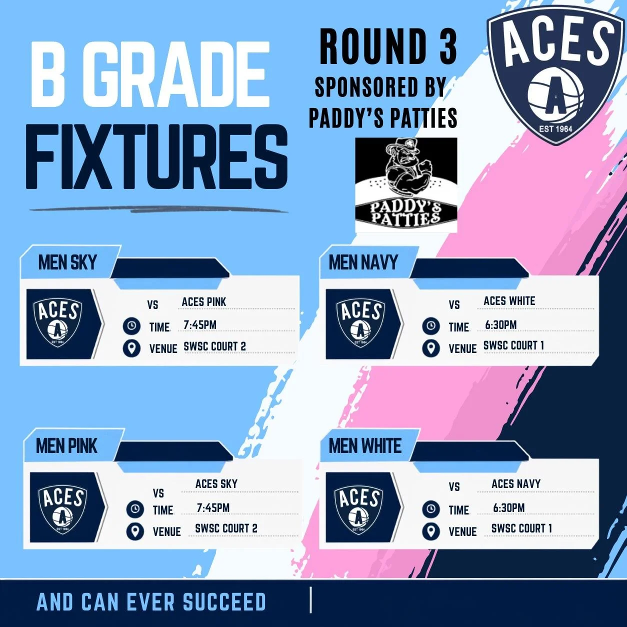 🏀 ROUND 3 | B GRADE FIXTURES &spades;️💙

Round 3 is set, with another big night of Aces B Grade basketball coming up at the South West Sports Centre!

We&rsquo;ve got a few Aces vs Aces matchups on the card this week, so there&rsquo;ll be plenty of