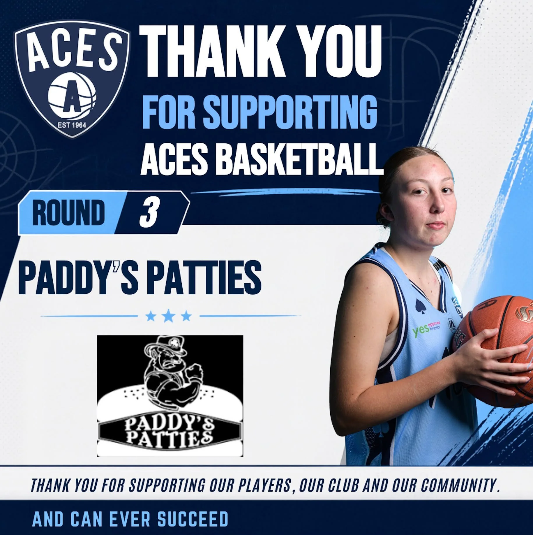 🏀 ROUND 3 SPONSOR | PADDY&rsquo;S PATTIES &spades;️💙

A huge thank you to Paddy&rsquo;s Patties for proudly supporting Round 3 of the 2026/27 Aces Basketball season!

The backing of local businesses makes a real difference to our club, helping us s